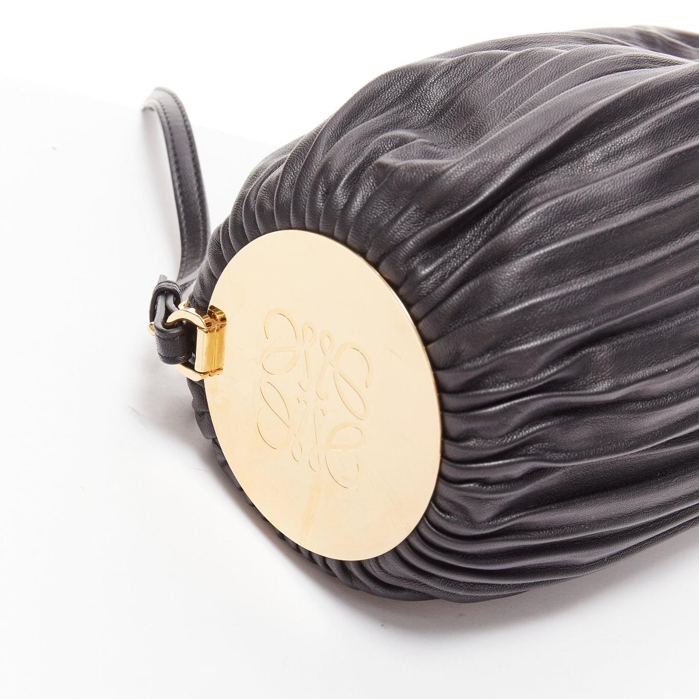 LOEWE Bracelet Pouch black pleated leather gold anagram logo wrist shoulder bag For Sale 3