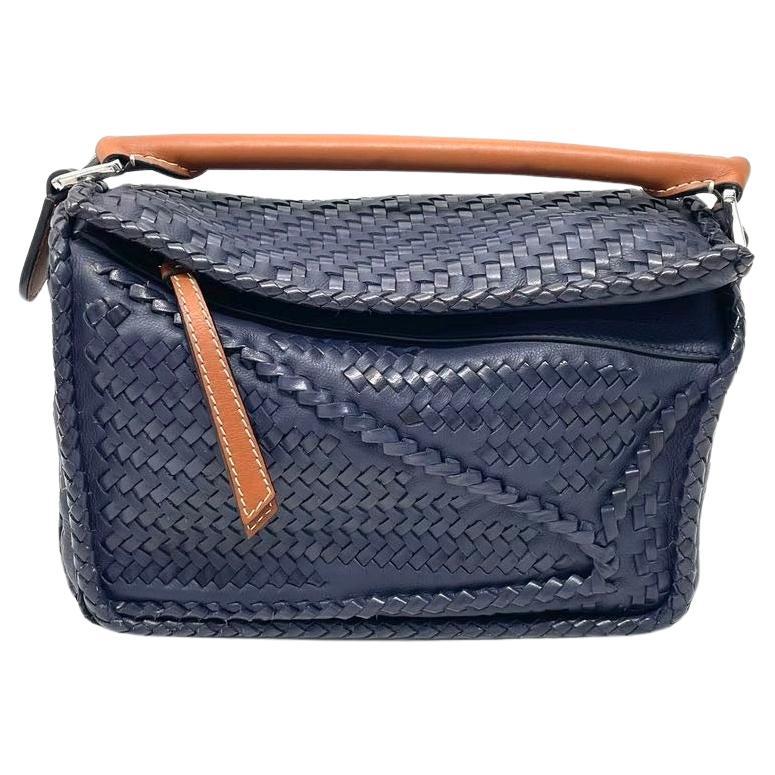 Loewe Braided Puzzle Small Woven Navy Leather Crossbody Bag For Sale