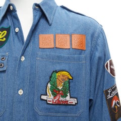 LOEWE brown anagram leather logo safari patch blue cotton poplin caual shirt M