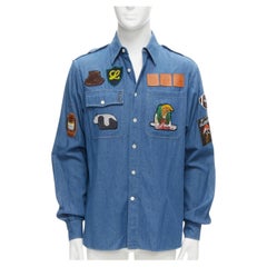 LOEWE brown anagram leather logo safari patch blue cotton poplin caual shirt M