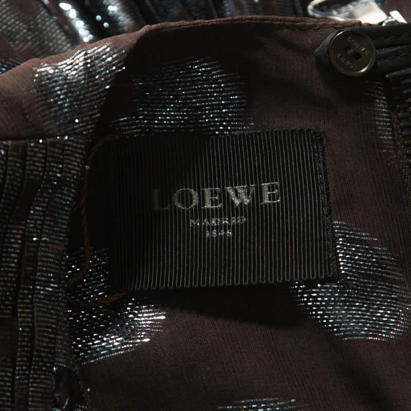 Black Loewe Brown and Metallic Blue Polka Dot Pattern Silk Pleat Detail Dress  For Sale