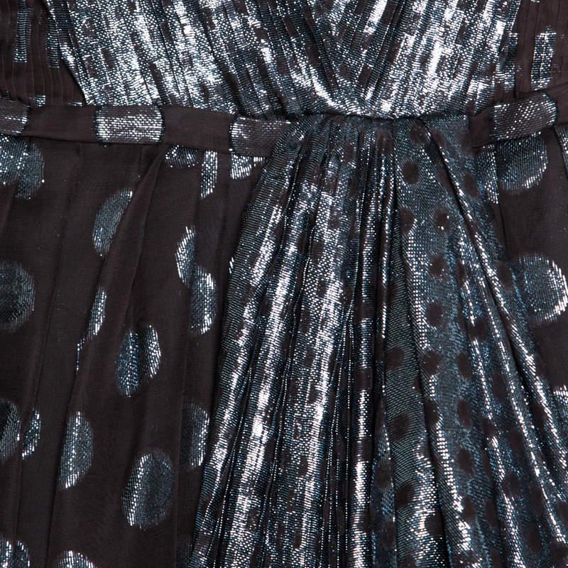 Women's Loewe Brown and Metallic Blue Polka Dot Pattern Silk Pleat Detail Dress  For Sale