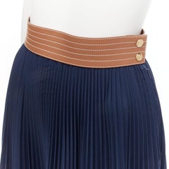 LOEWE brown cowhide leather topstitched belt navy pleated midi skirt FR34 XS