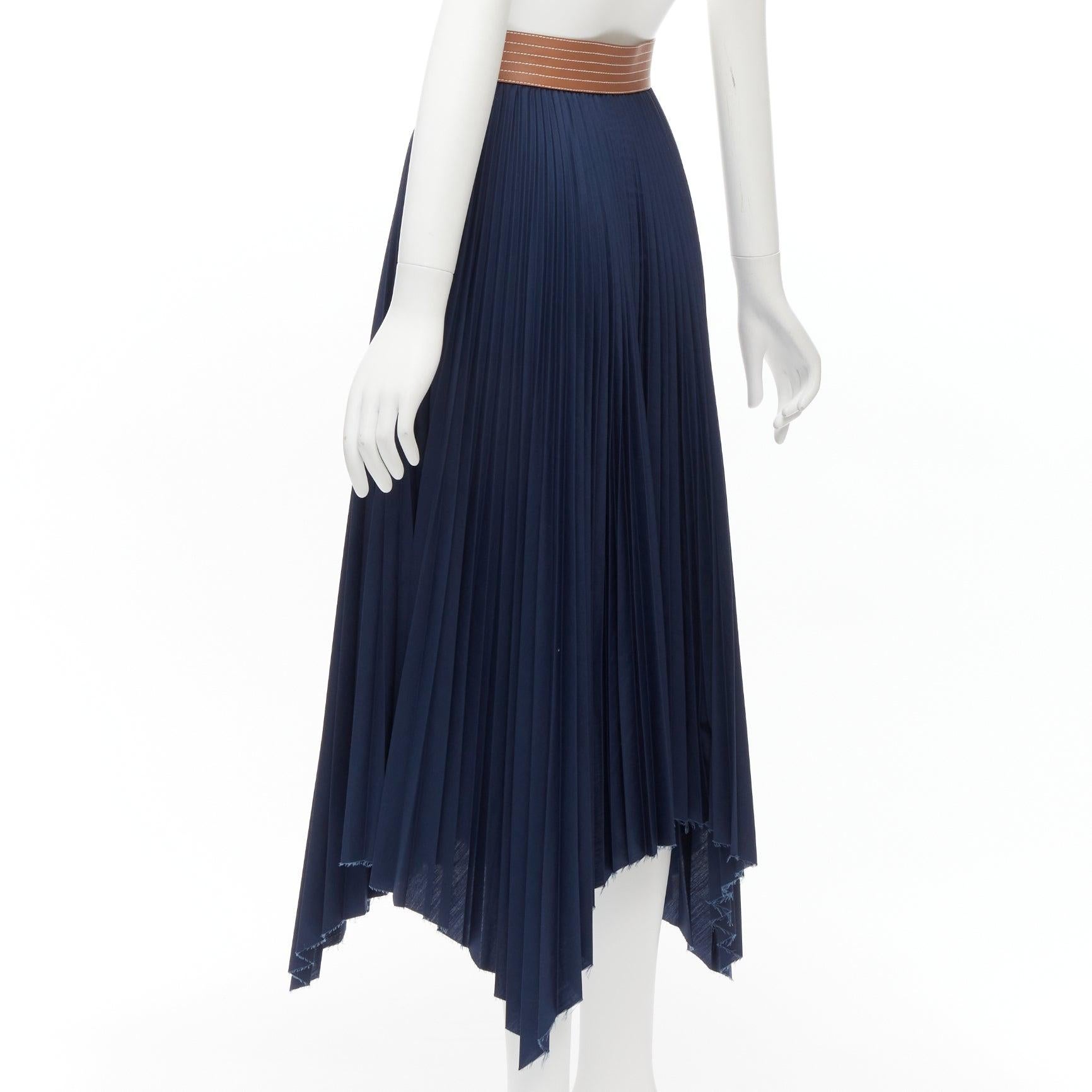 LOEWE brown cowhide leather topstitched belt navy pleated midi skirt FR34 XS For Sale 1