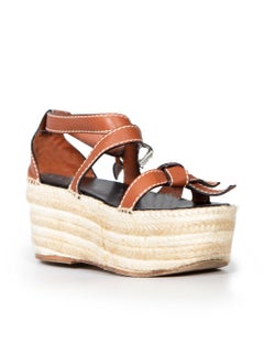 Loewe Brown Leather Platform Raffia Sandals Size IT 39
