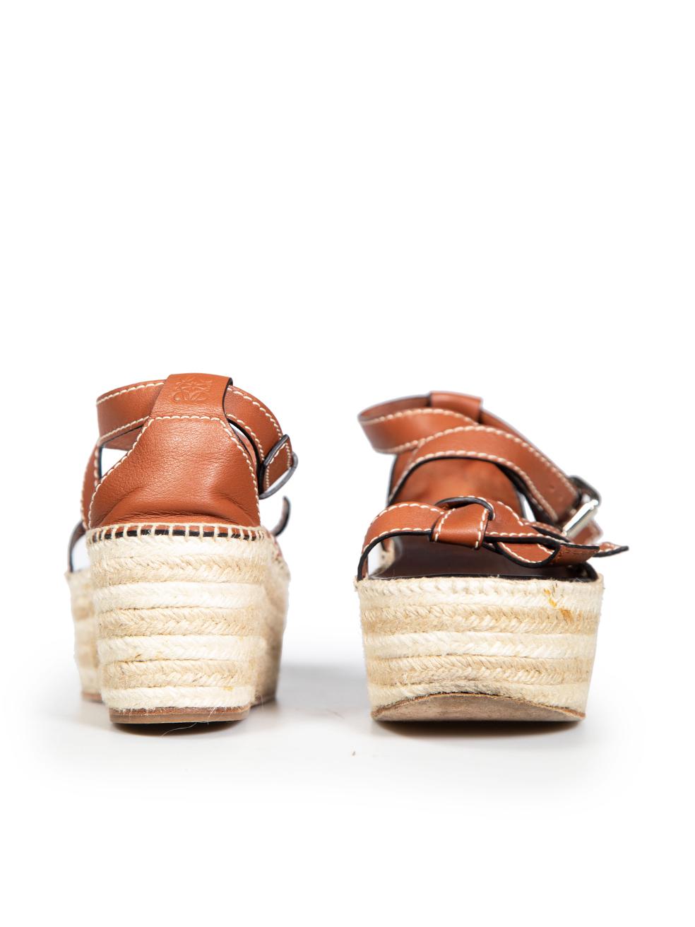 Loewe Brown Leather Platform Raffia Sandals Size IT 39 In Good Condition For Sale In London, GB