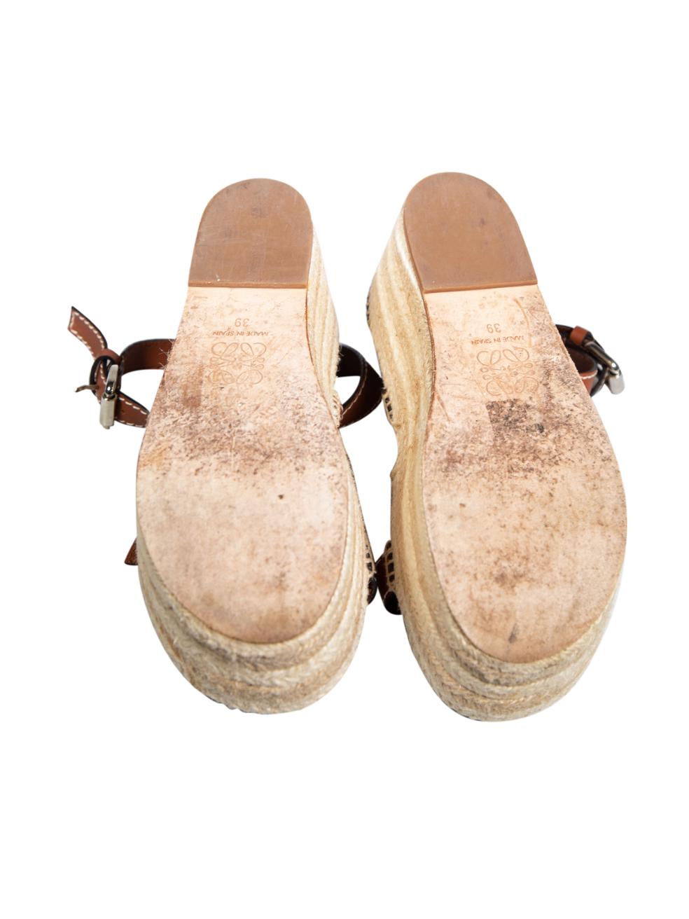 Women's Loewe Brown Leather Platform Raffia Sandals Size IT 39 For Sale