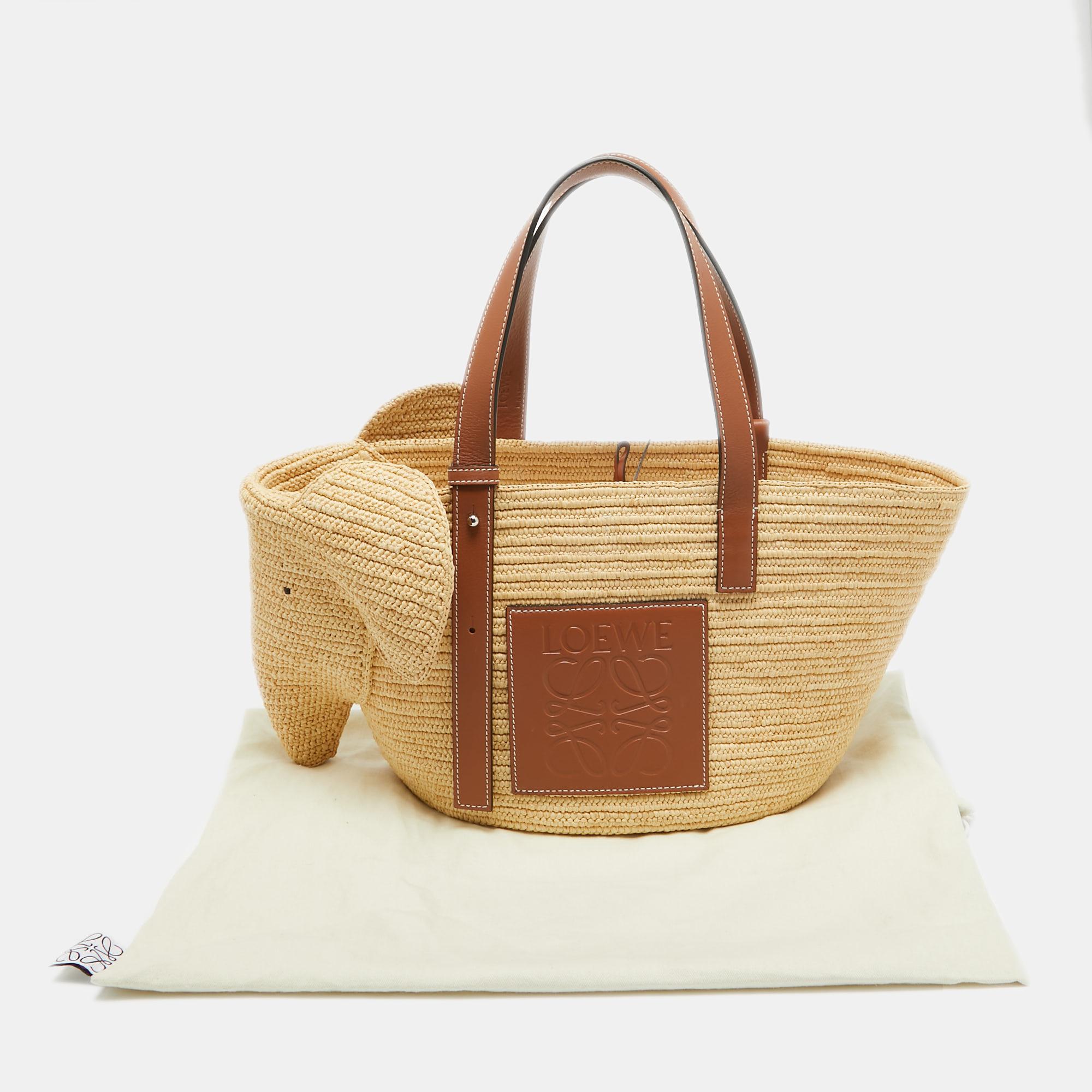 Loewe Brown/Natural Palm Leaf and Leather Elephant Basket Tote 7
