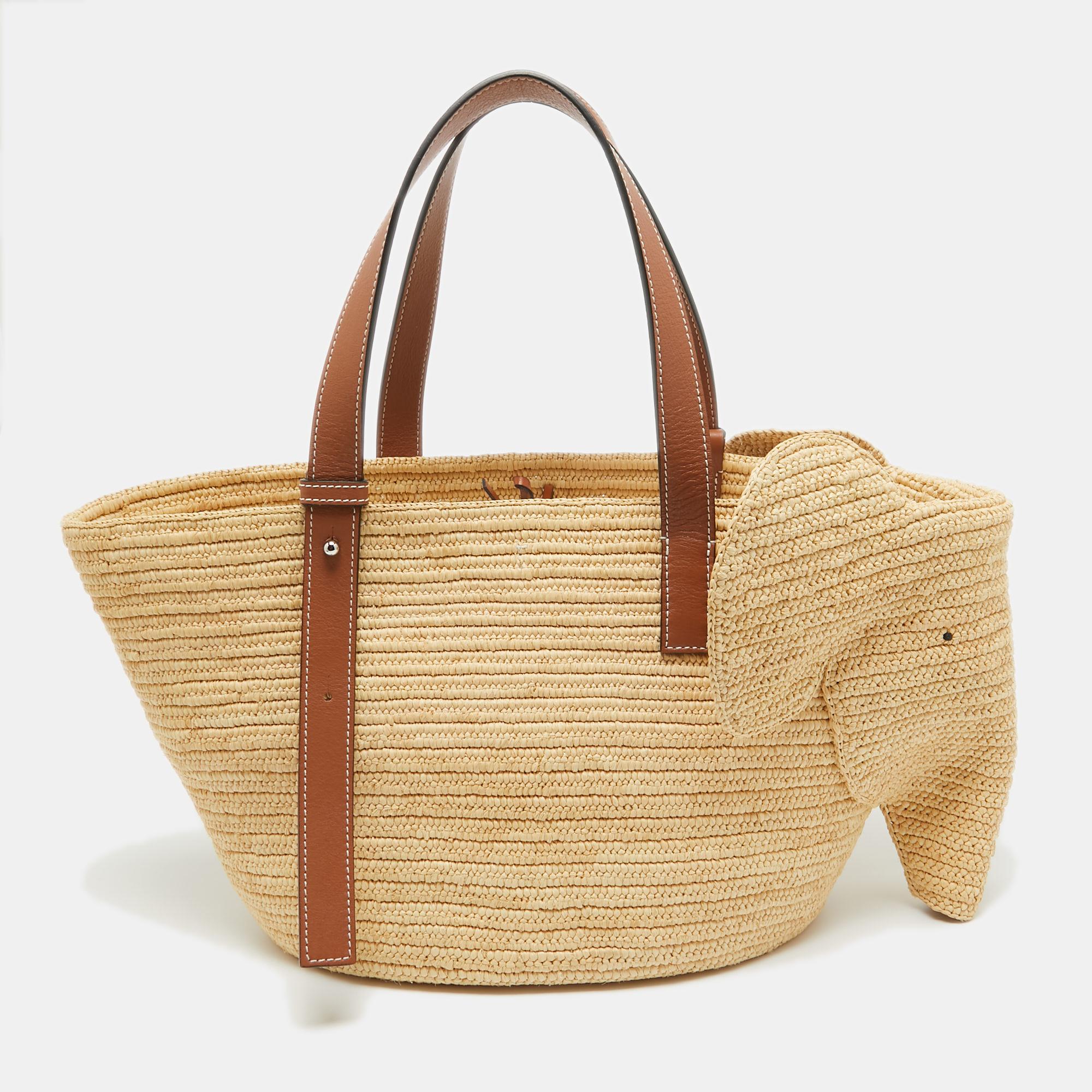 Women's Loewe Brown/Natural Palm Leaf and Leather Elephant Basket Tote