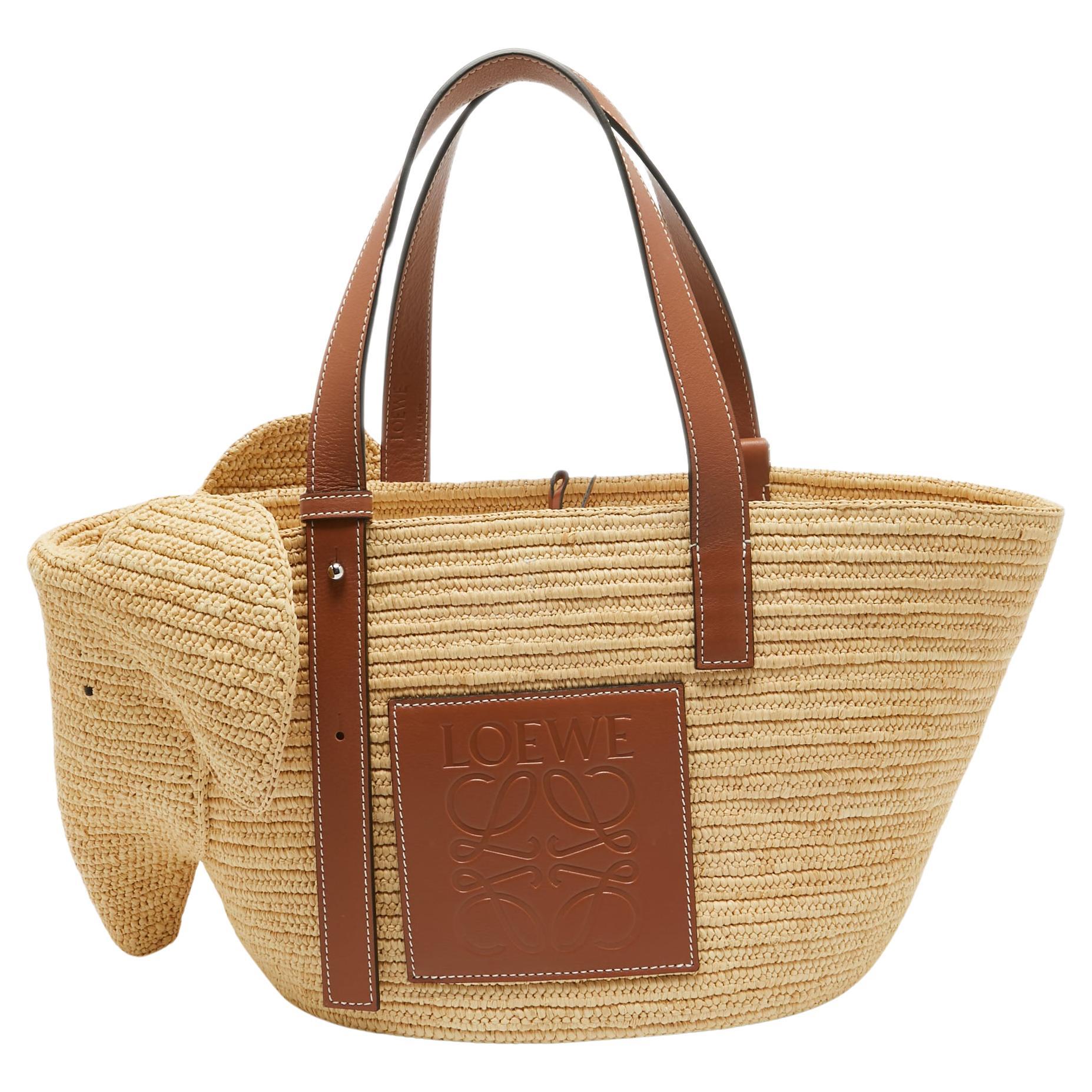Loewe Brown/Natural Palm Leaf and Leather Elephant Basket Tote