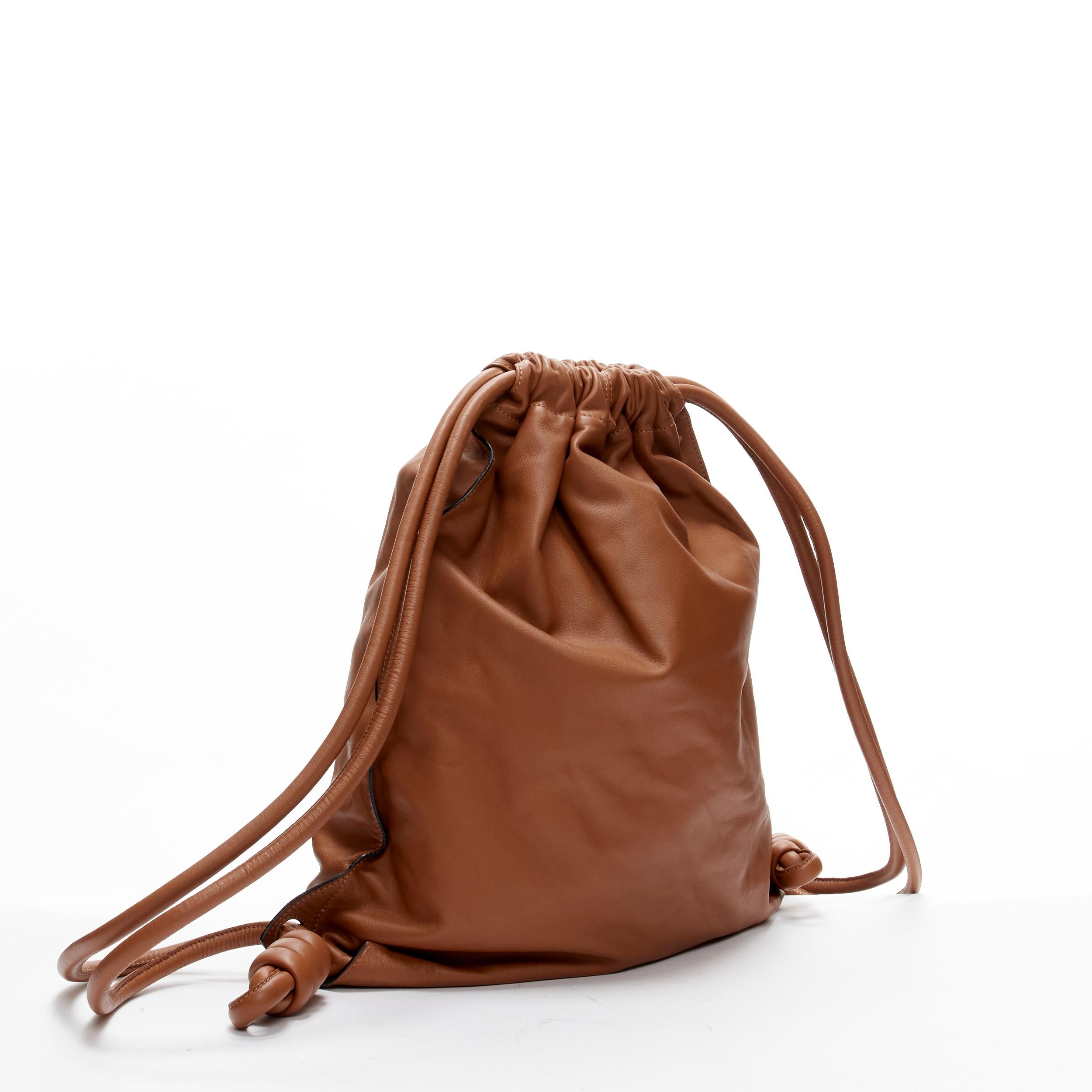 LOEWE brown soft leather Anagram embossed logo drawstring backpack bag In Good Condition In Hong Kong, NT