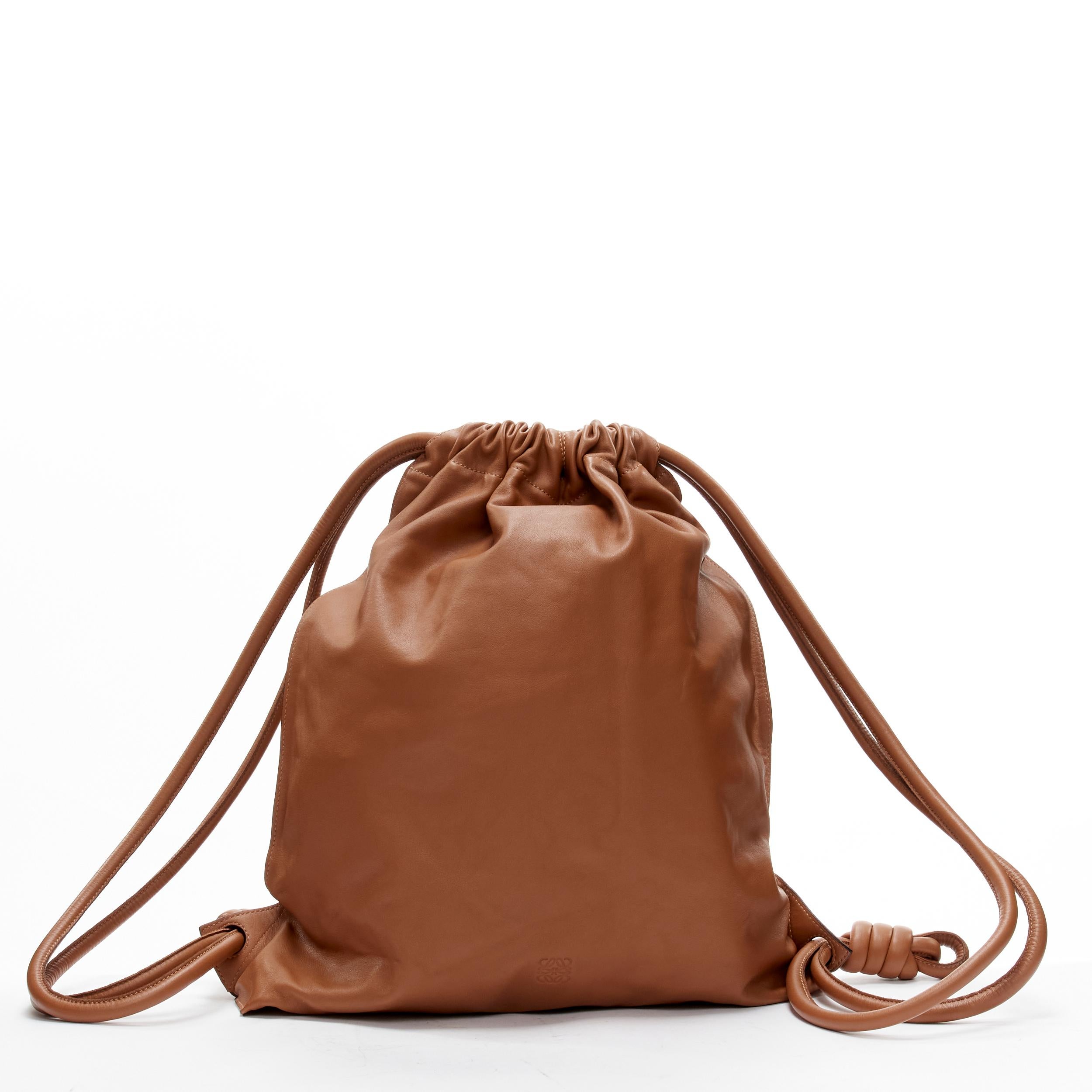 LOEWE brown soft leather Anagram embossed logo drawstring backpack bag 1