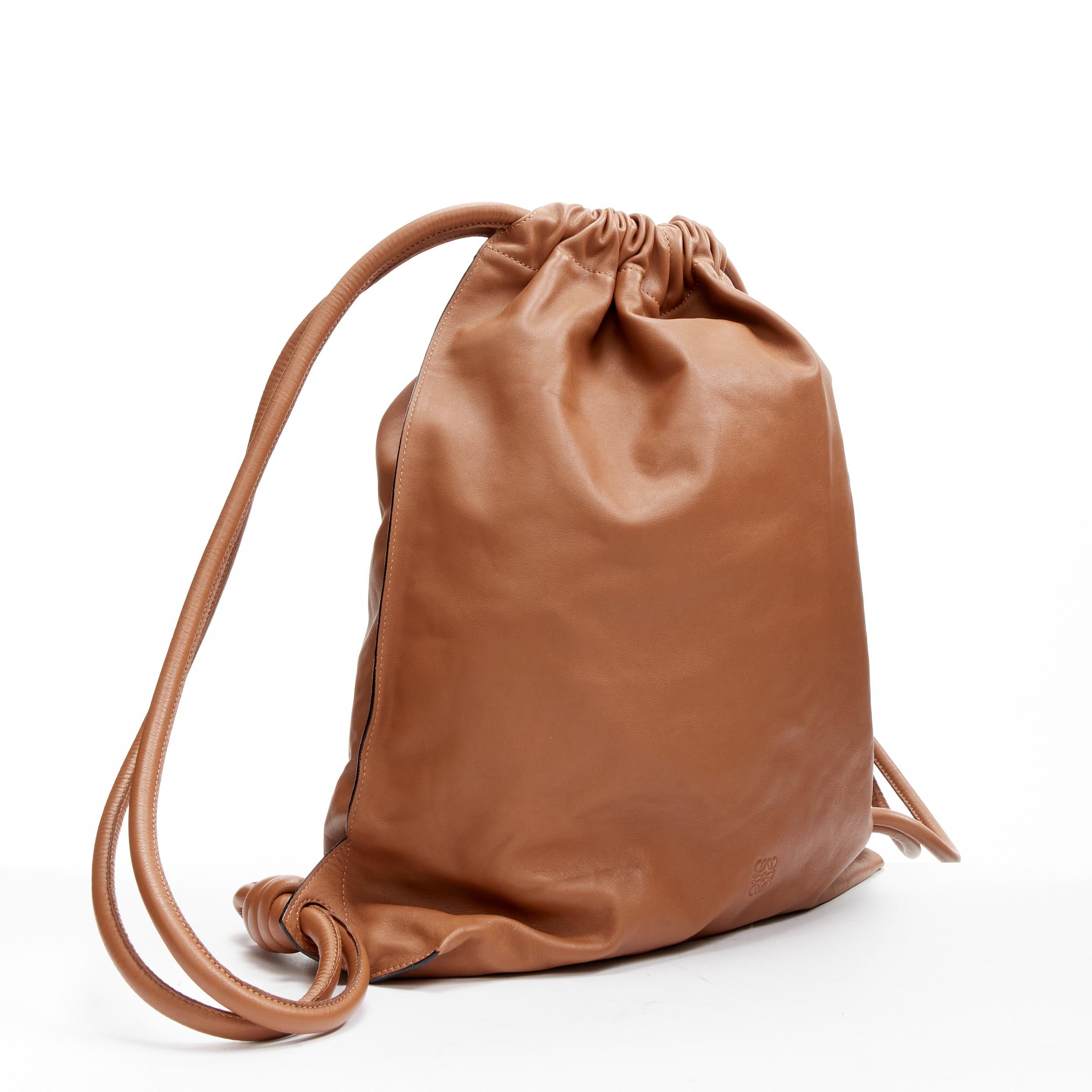 LOEWE brown soft leather Anagram embossed logo drawstring backpack bag 3