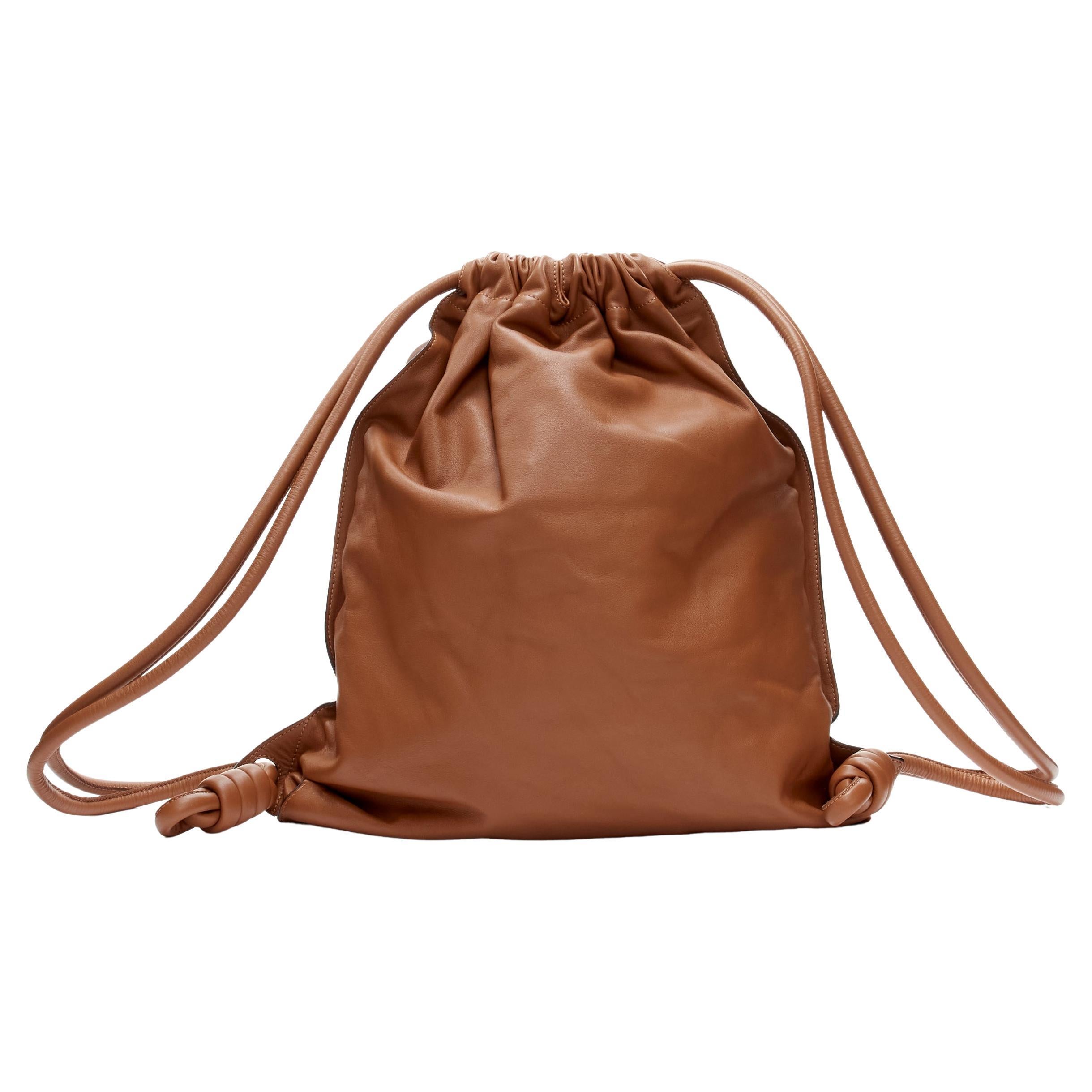 LOEWE brown soft leather Anagram embossed logo drawstring backpack bag