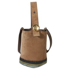 Loewe Brown Suede Raffia Striped Mini Pebble Bucket Bag