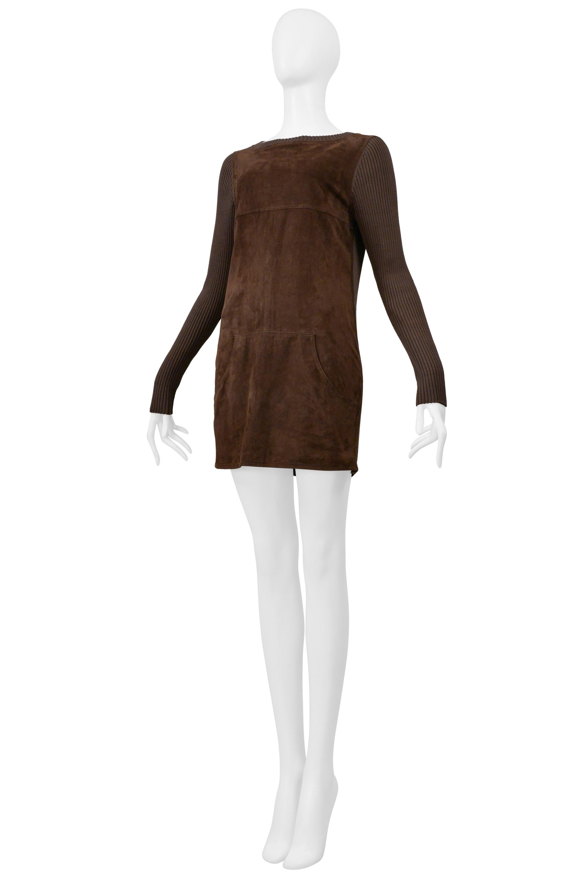 Loewe Brown Suede & Ribbed Knit Mini Dress In Good Condition For Sale In Los Angeles, CA