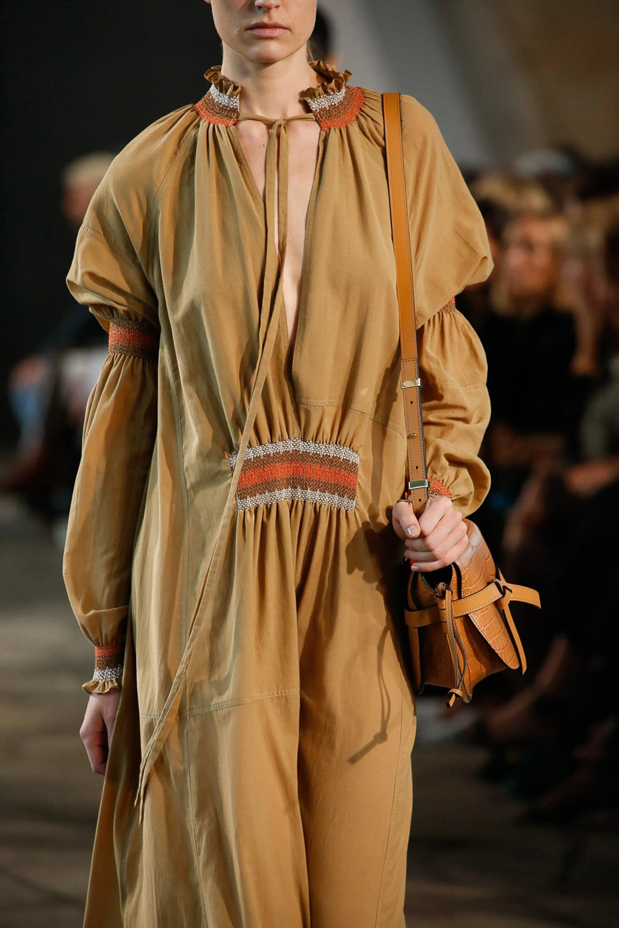 LOEWE camel brown cotton EMBROIDERED MAXI Dress M 2