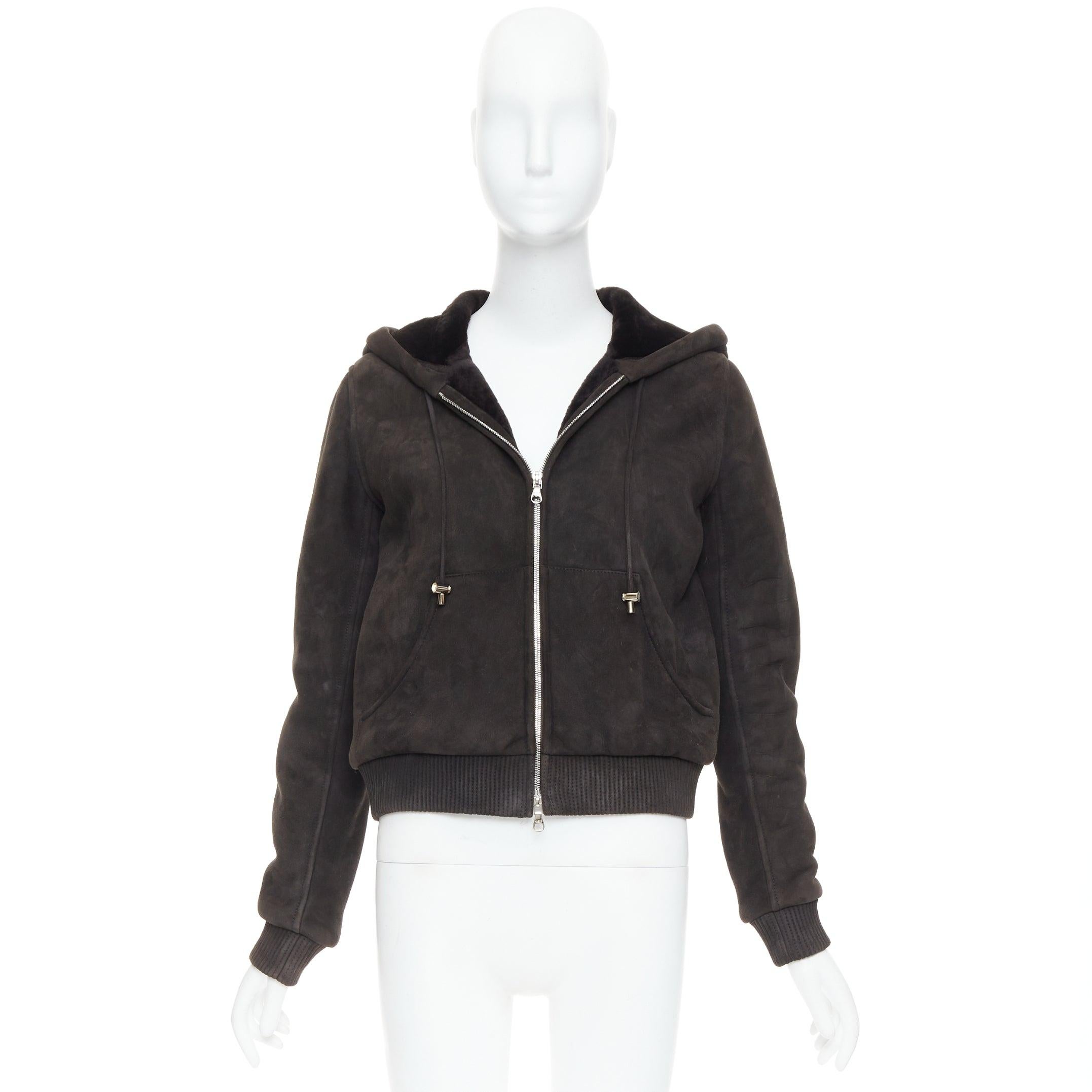 LOEWE charcoal brown lamb shearling lined hooded cropped suede jacket FR38 M For Sale 5