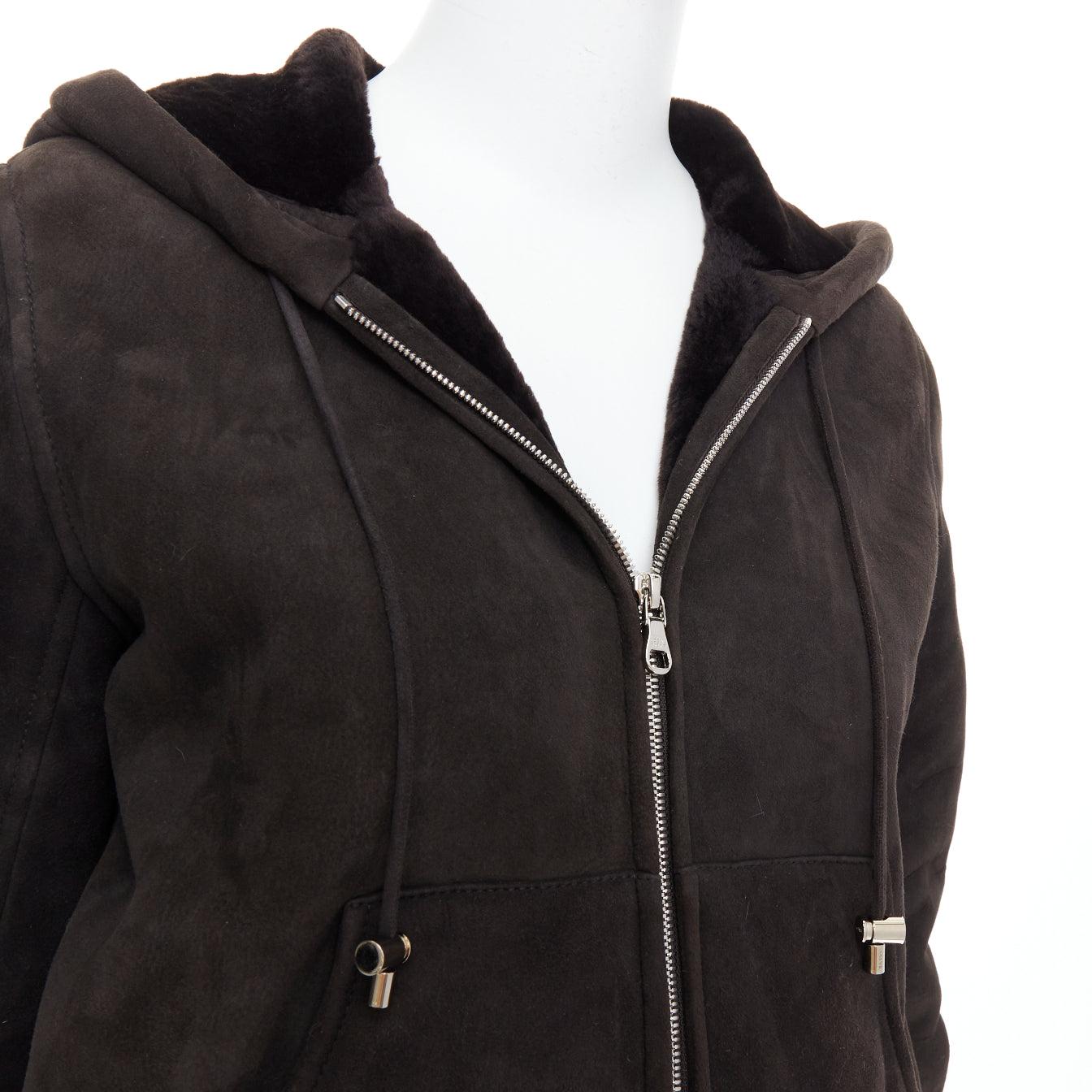 LOEWE charcoal brown lamb shearling lined hooded cropped suede jacket FR38 M
Reference: CNPG/A00100
Brand: Loewe
Material: Leather
Color: Brown
Pattern: Solid
Closure: Zip
Lining: Brown Fur
Extra Details: Loewe Shearling Fur Jacket. With Hood.