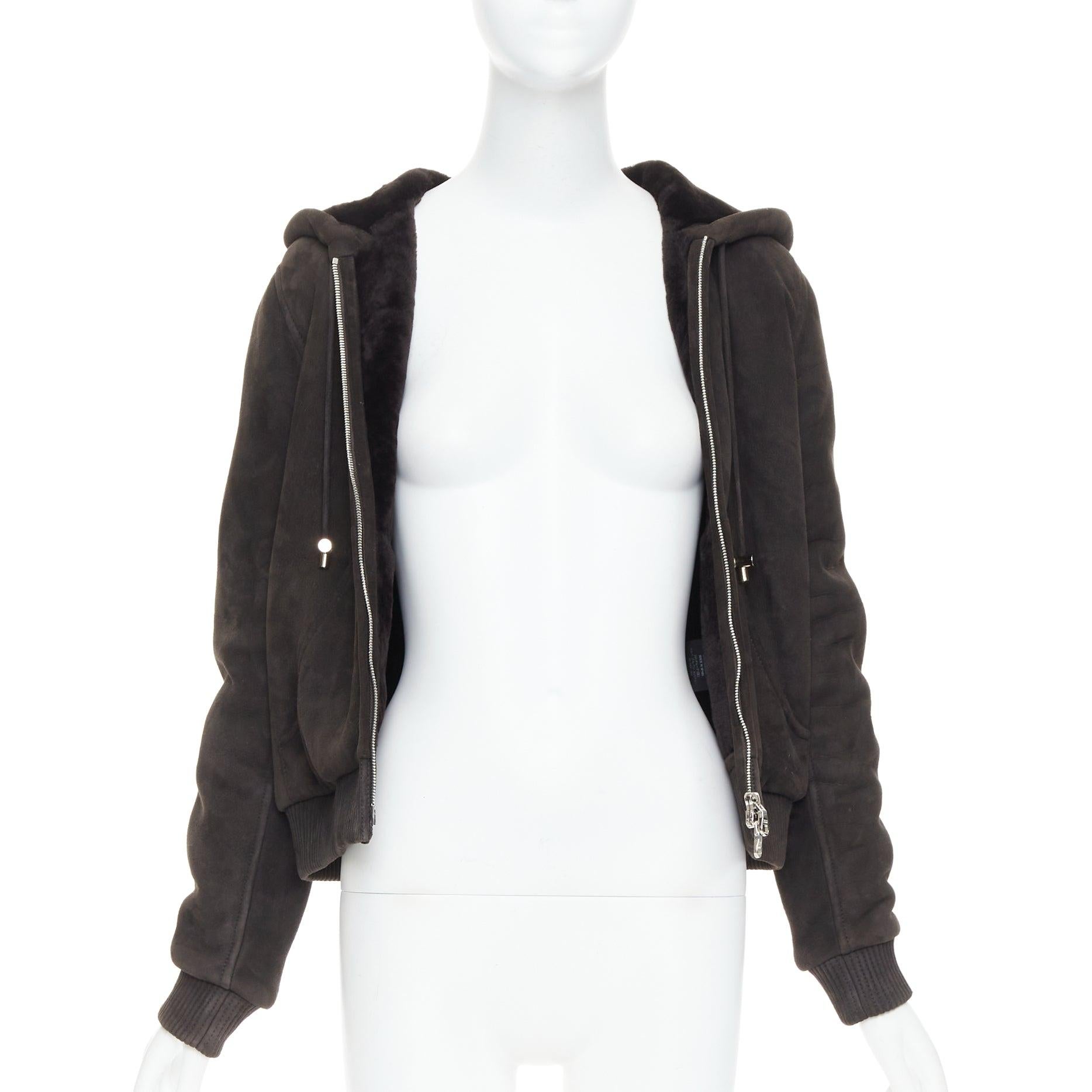 Gray LOEWE charcoal brown lamb shearling lined hooded cropped suede jacket FR38 M For Sale