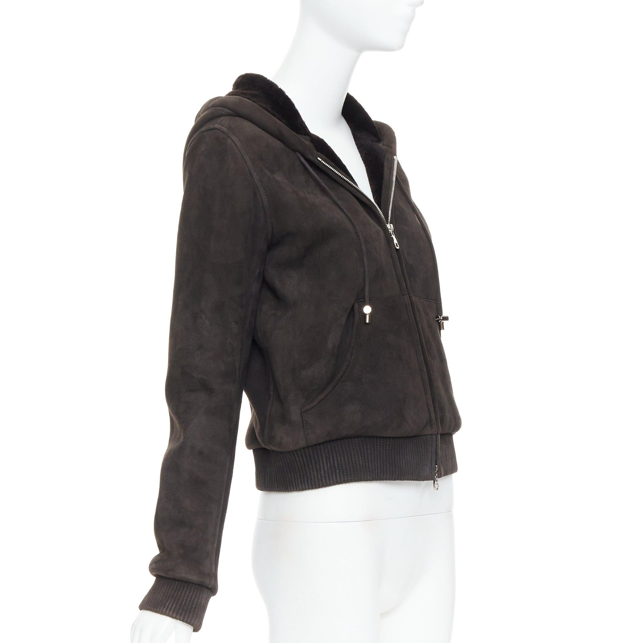 LOEWE charcoal brown lamb shearling lined hooded cropped suede jacket FR38 M In Good Condition For Sale In Hong Kong, NT
