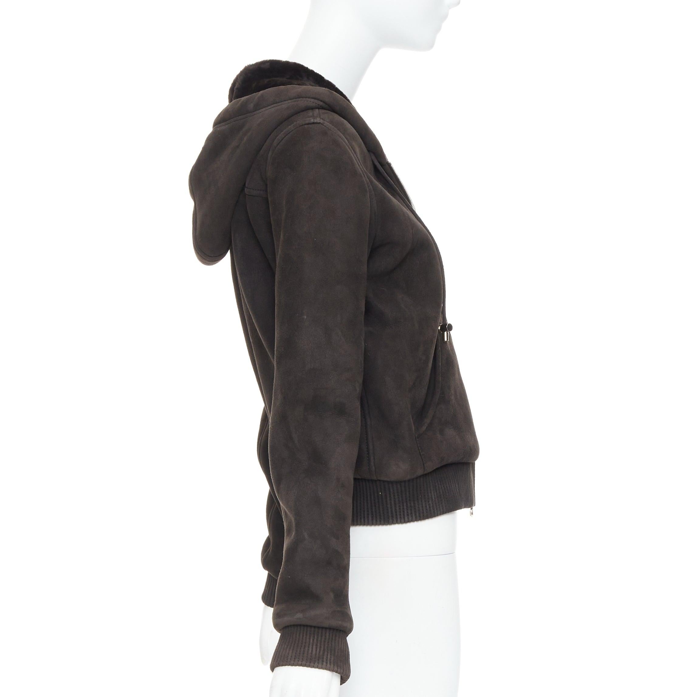 Women's LOEWE charcoal brown lamb shearling lined hooded cropped suede jacket FR38 M For Sale