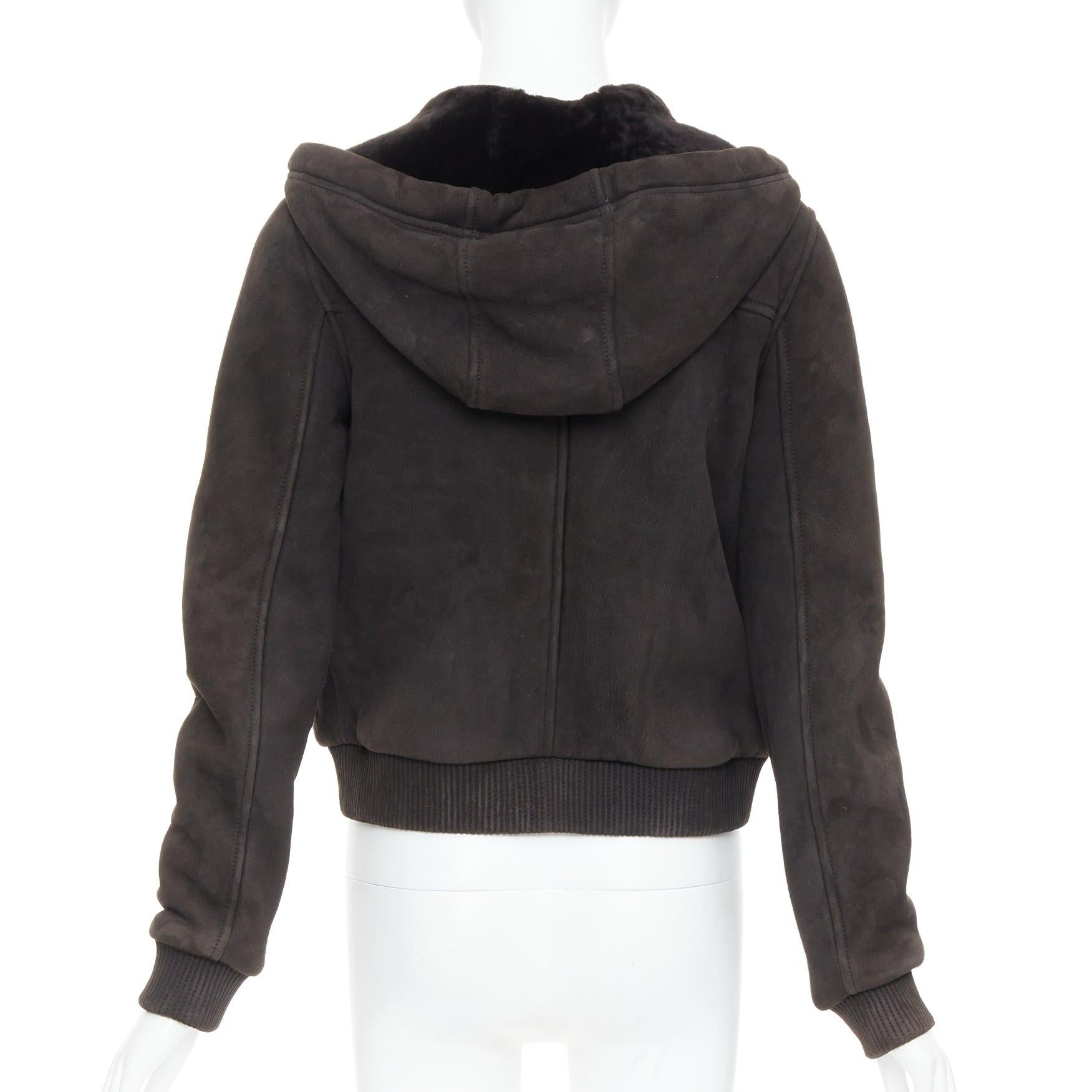 LOEWE charcoal brown lamb shearling lined hooded cropped suede jacket FR38 M For Sale 1