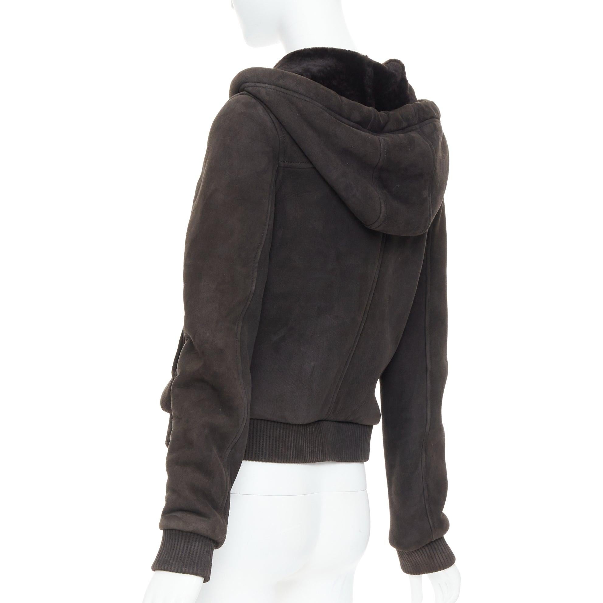 LOEWE charcoal brown lamb shearling lined hooded cropped suede jacket FR38 M For Sale 2