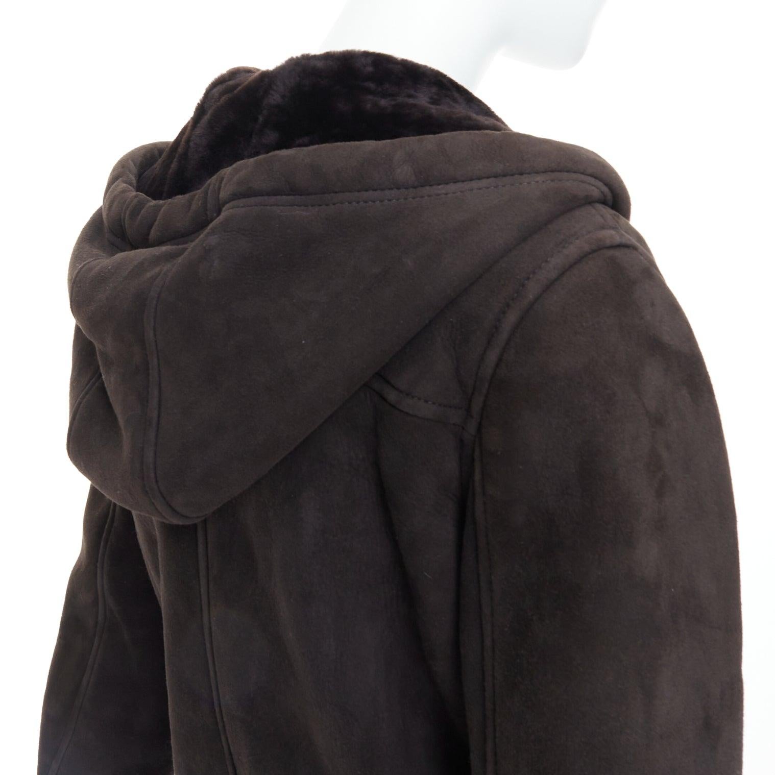 LOEWE charcoal brown lamb shearling lined hooded cropped suede jacket FR38 M For Sale 3
