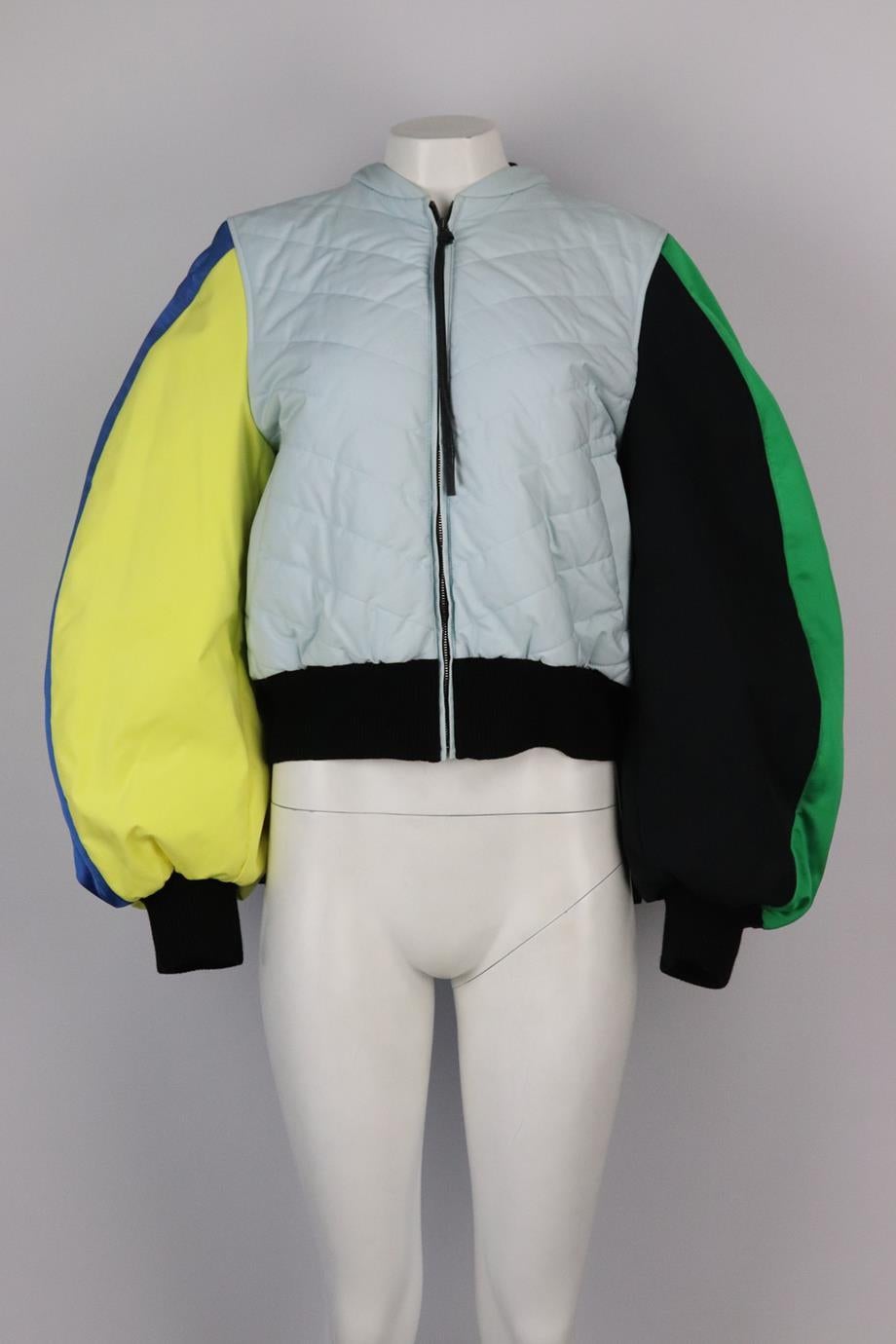 Loewe colour block quilted cotton blend bomber jacket. Multicoloured. Long sleeve, crewneck. Zip fastening at front. 100% Cotton; fabric2: 100% viscose; fabric3: 100% leather; ribbing: 89% wool, 10% polyamide, 1% elastane; lining: 100% cotton. Size: