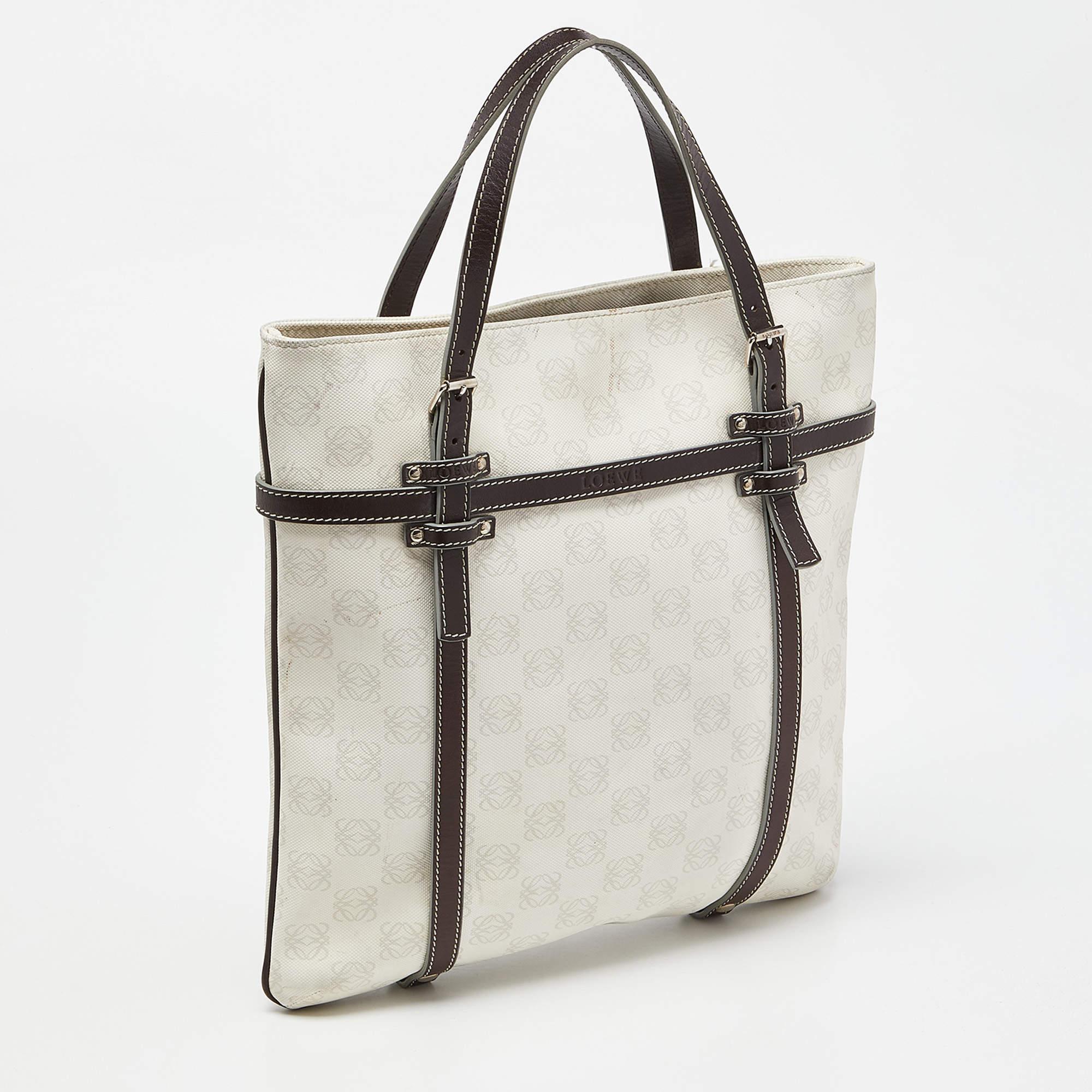 Gray Loewe Cream/Brown Signature Anagram Coated Canvas and Leather Tote