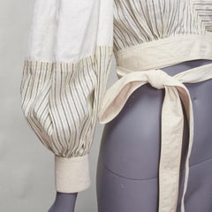 LOEWE cream cotton linen balloon sleeve pinstripe panels wrap crop top FR34 XS