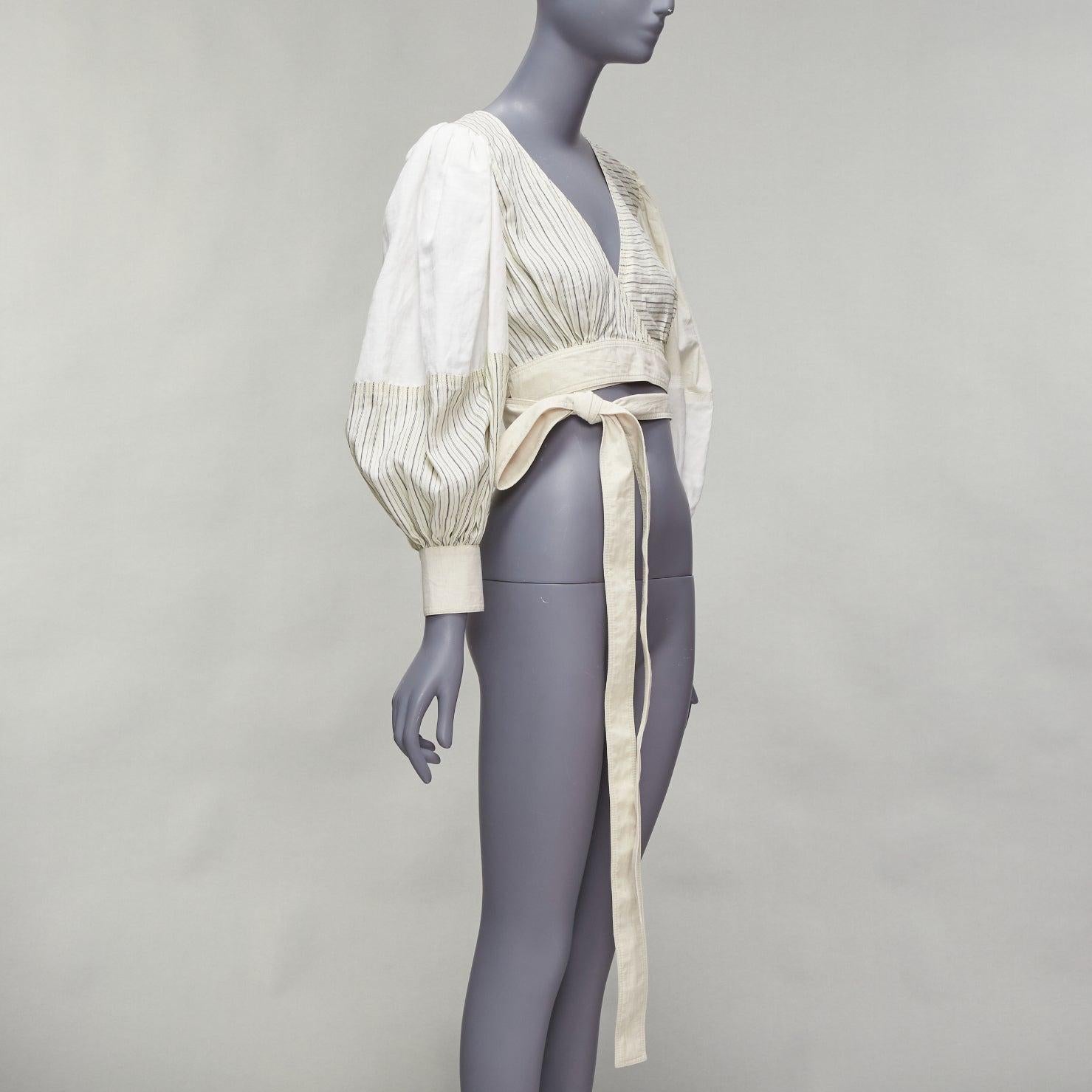 Gray LOEWE cream cotton linen balloon sleeve pinstripe panels wrap crop top FR34 XS