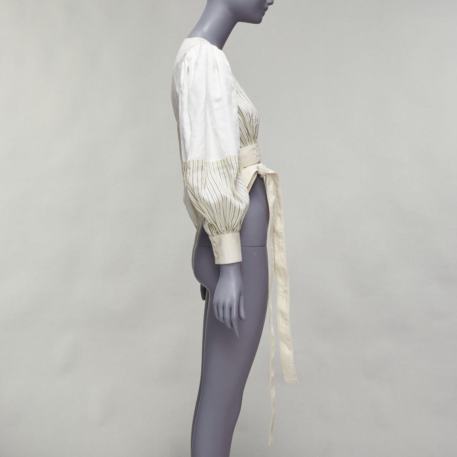 LOEWE cream cotton linen balloon sleeve pinstripe panels wrap crop top FR34 XS In New Condition In Hong Kong, NT