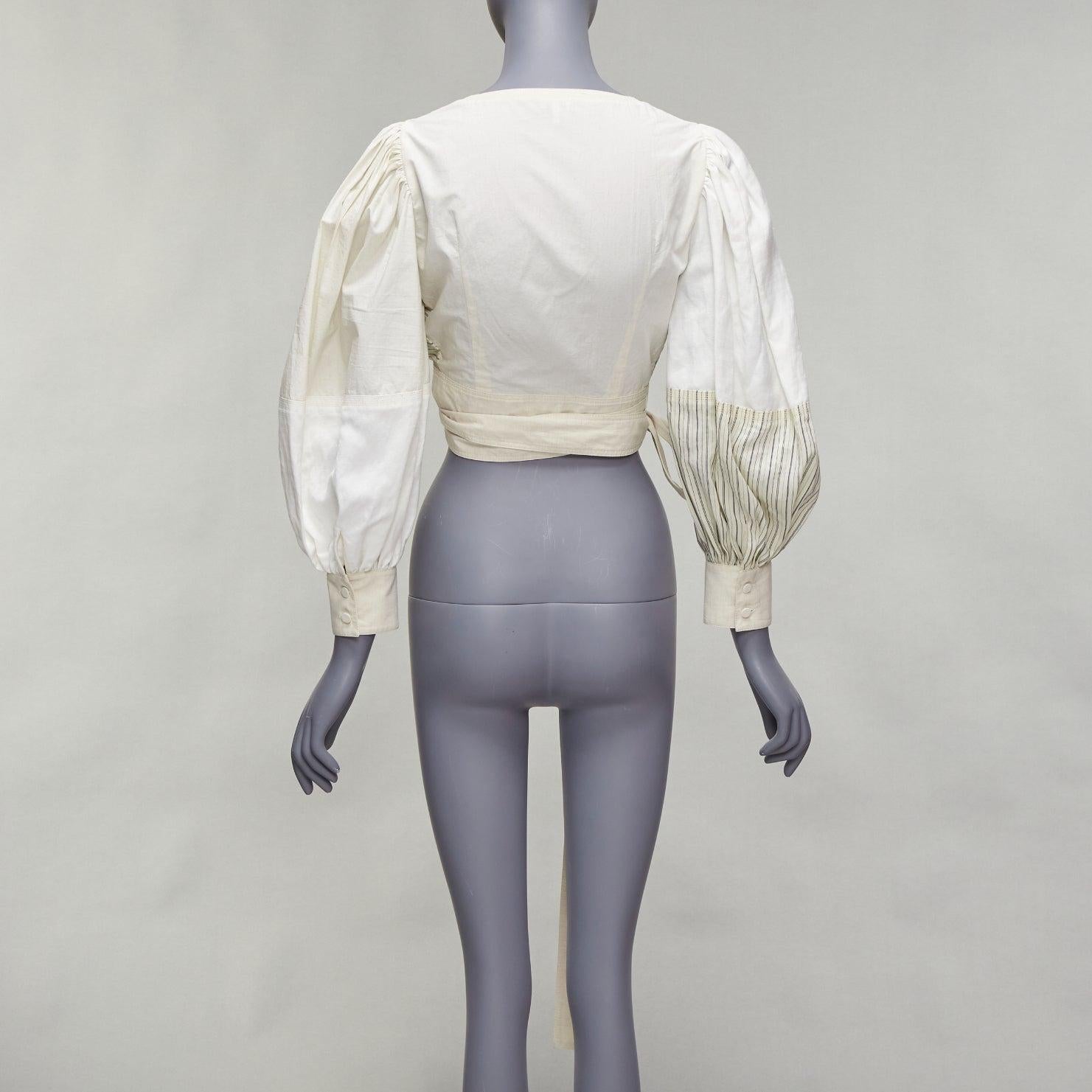 Women's LOEWE cream cotton linen balloon sleeve pinstripe panels wrap crop top FR34 XS