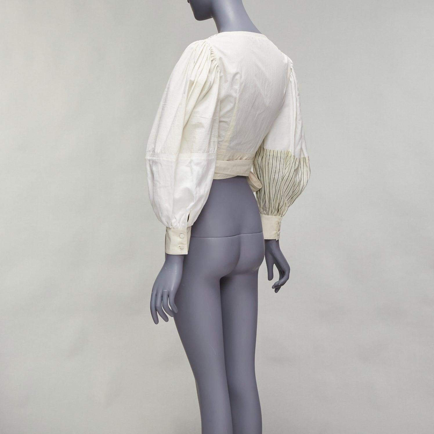 LOEWE cream cotton linen balloon sleeve pinstripe panels wrap crop top FR34 XS 1