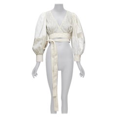 LOEWE cream cotton linen balloon sleeve pinstripe panels wrap crop top FR34 XS