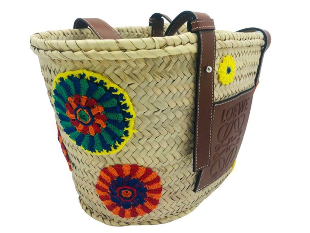 Brown Loewe Floral Crocheted Medium Basket Tote Bag