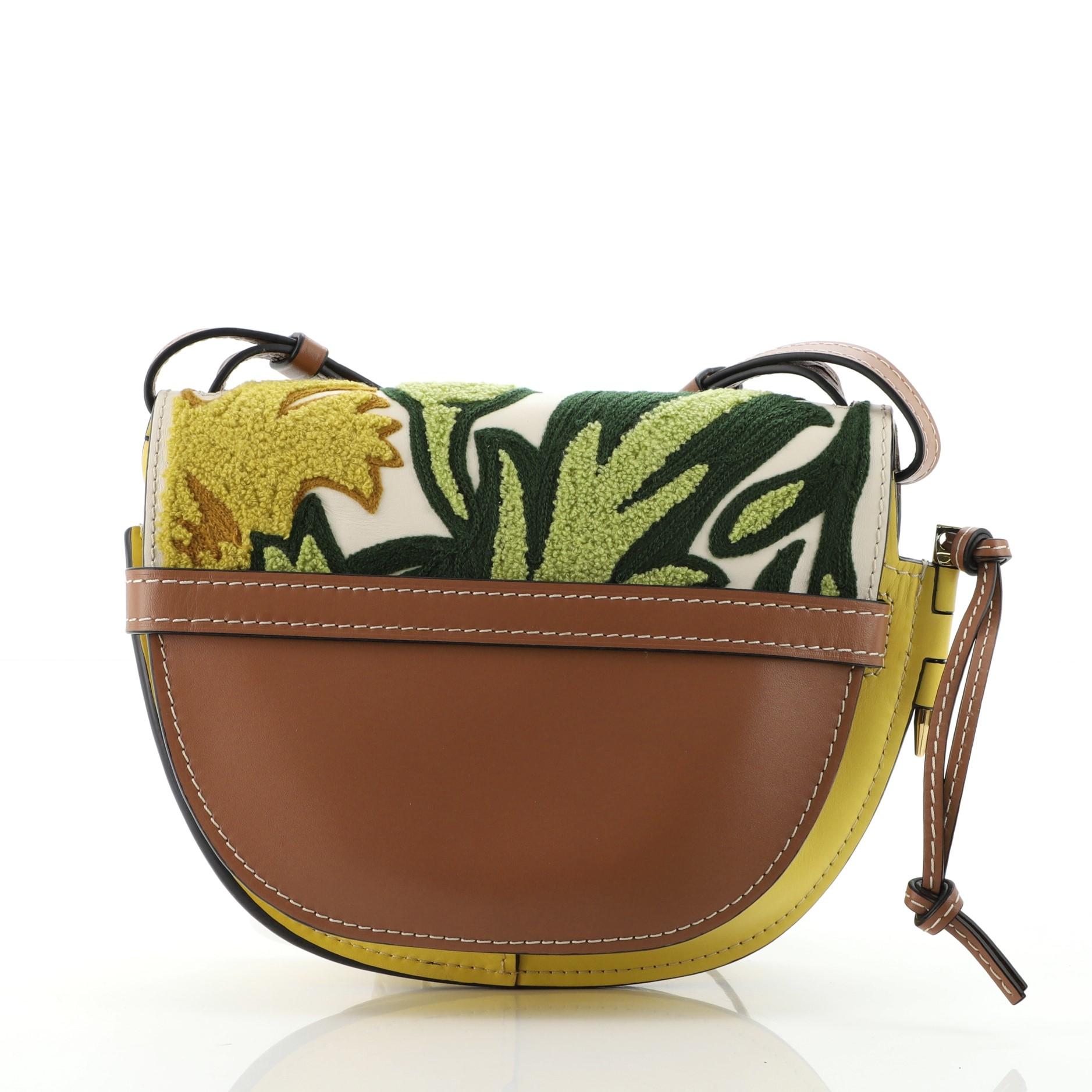 Brown Loewe Gate Shoulder Bag Leather with Floral Applique Small