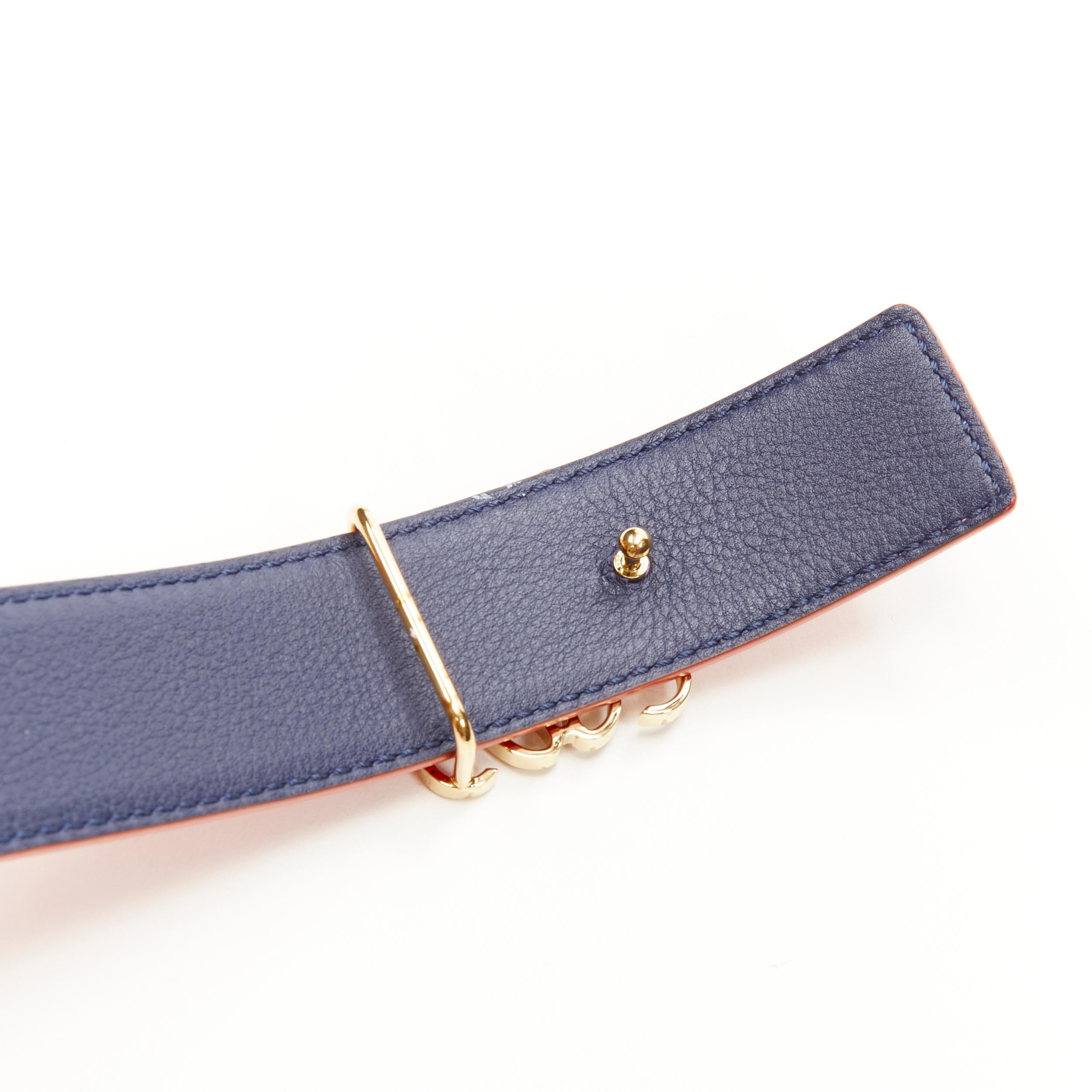 Orange LOEWE gold Anagram logo buckle reversible orange navy blue leather belt 75cm 30