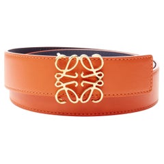 LOEWE gold Anagram logo buckle reversible orange navy blue leather belt 75cm 30"