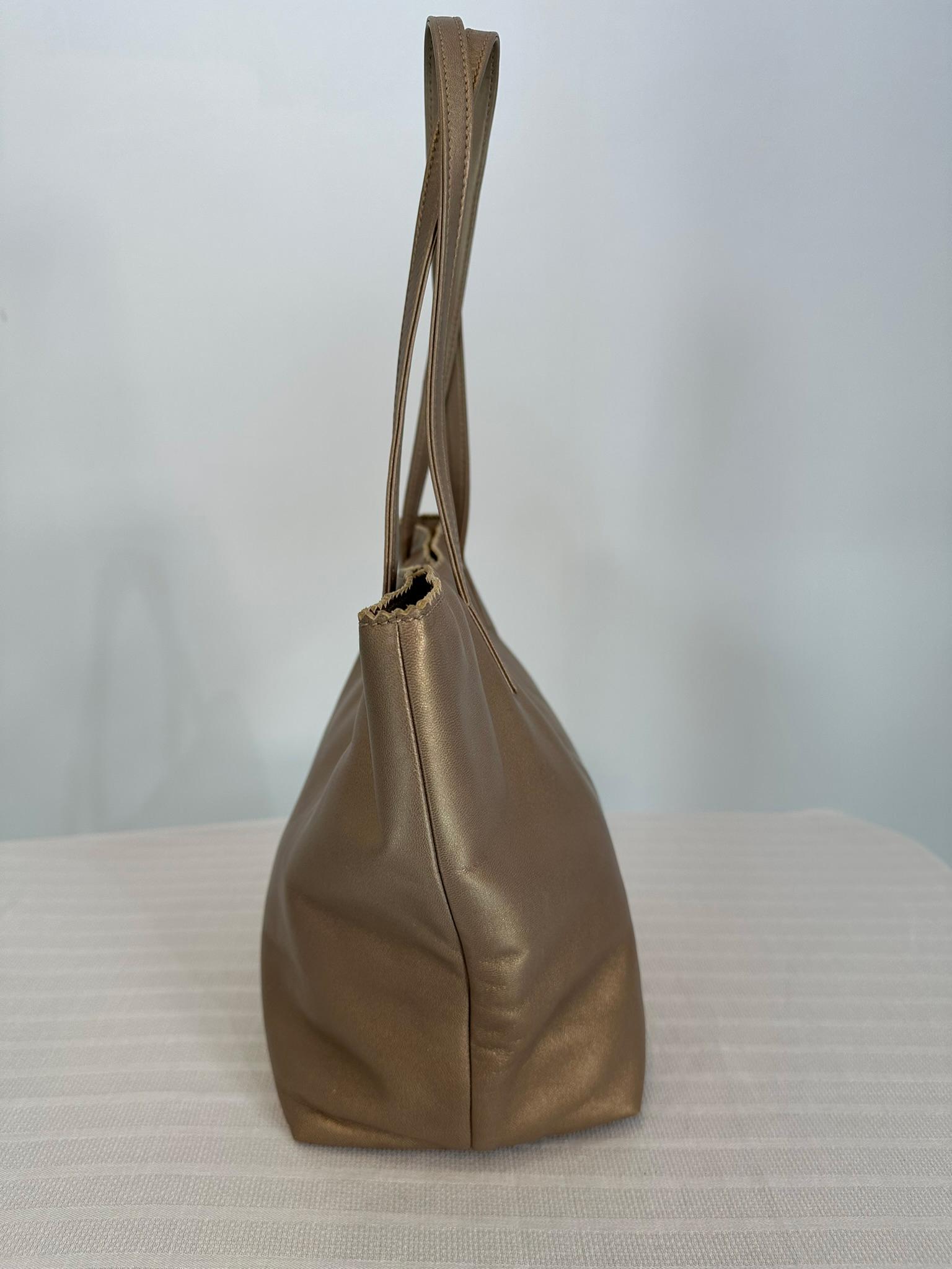 Brown Loewe Gold Bronze Pinked Edge Buttery Soft Leather Small Anagram Tote For Sale