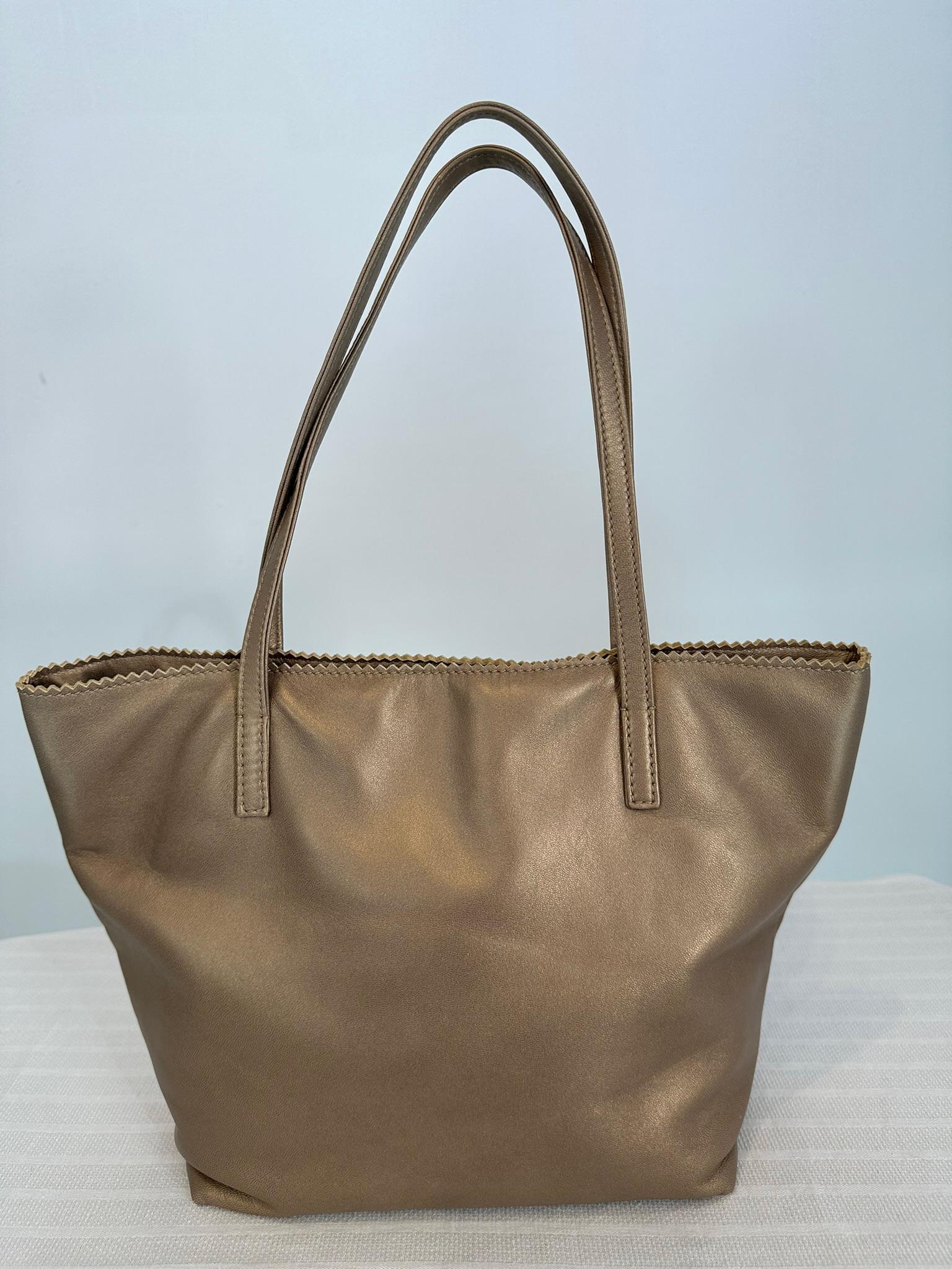 Women's or Men's Loewe Gold Bronze Pinked Edge Buttery Soft Leather Small Anagram Tote For Sale