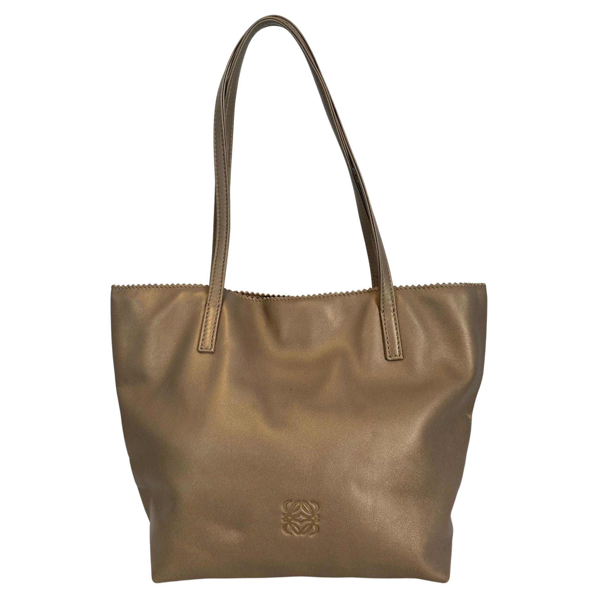 Loewe Gold Bronze Pinked Edge Buttery Soft Leather Small Anagram Tote For Sale