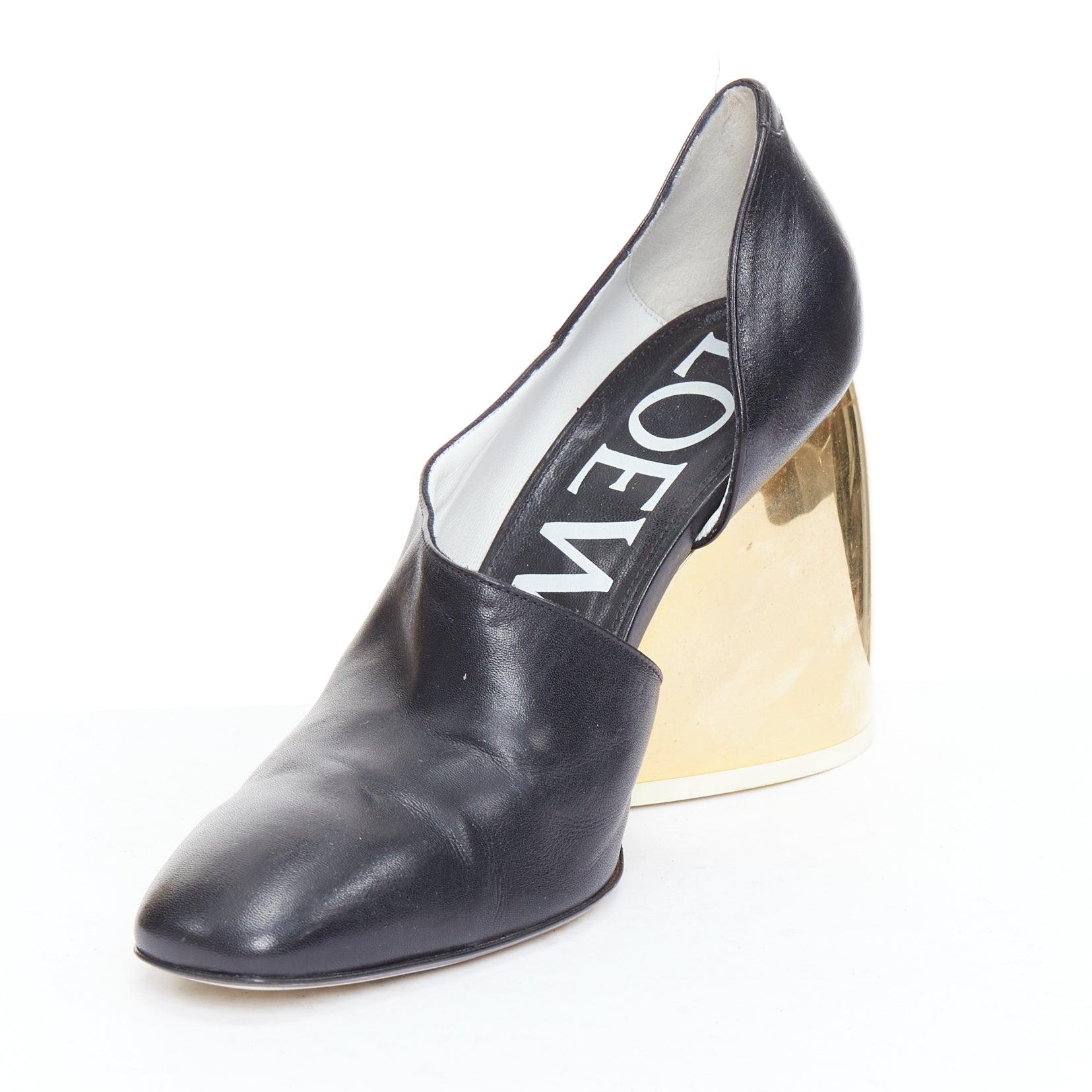 LOEWE gold curved heel black leather slip on heeled shoes EU39 In Good Condition For Sale In Hong Kong, NT