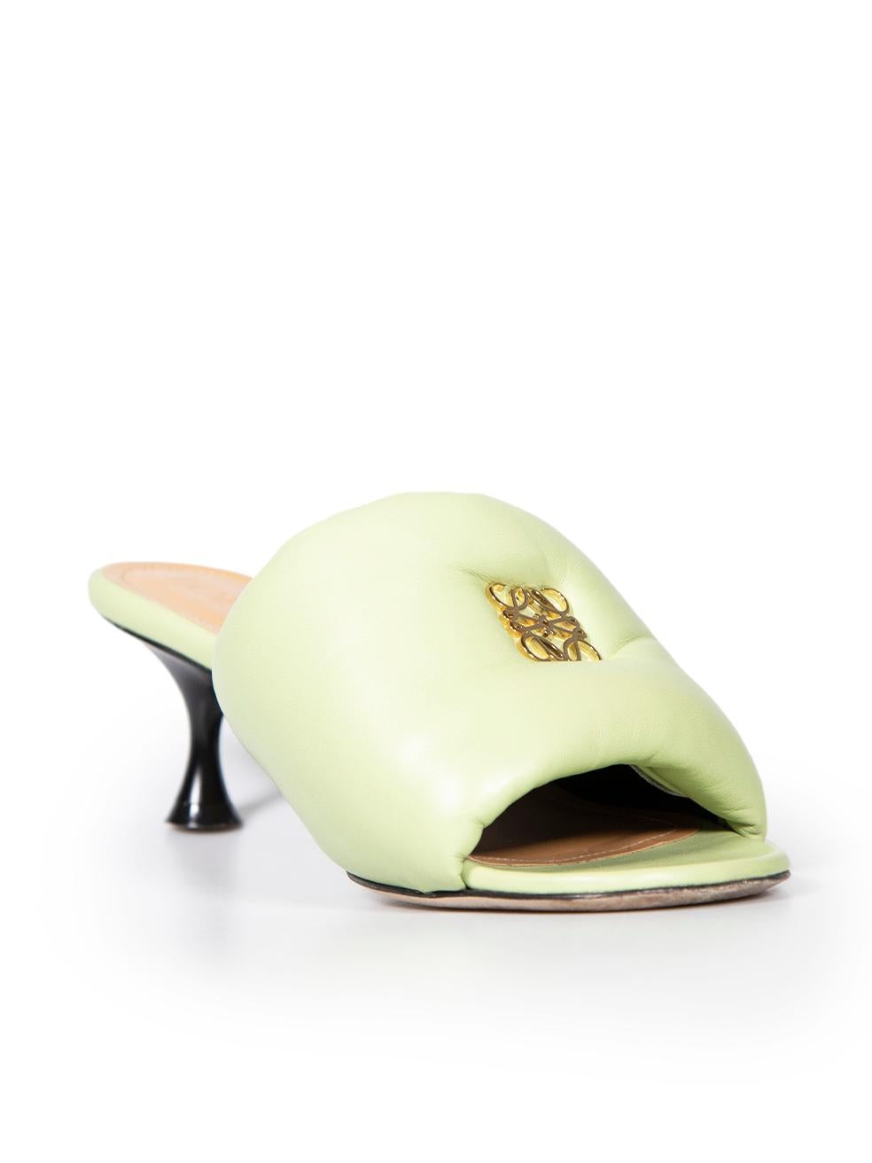CONDITION is Very good. Minimal wear to shoes is evident. Minimal wear to right shoe toe and heel with abrasion to the leather on this used Loewe designer resale item.
 
 Details
 Light green
 Leather
 Slides
 Kitten heel
 Open toe
 Gold tone