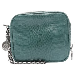 LOEWE green lizard scaled leather silver chain wristlet rectangular pouch bag