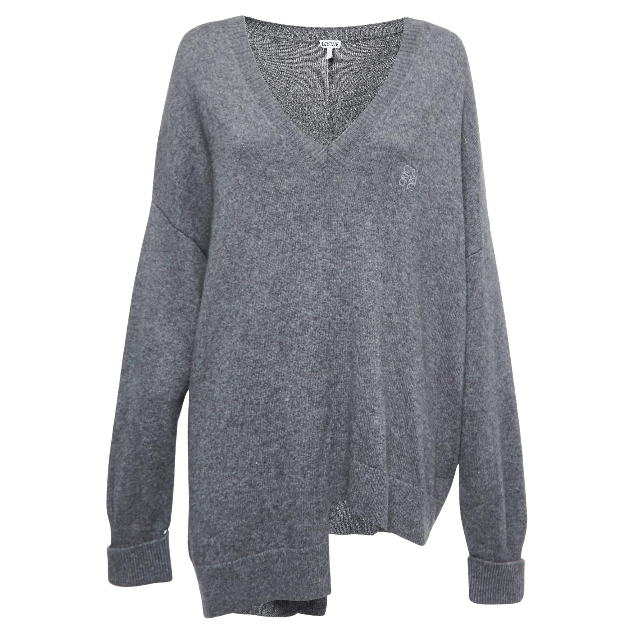Loewe Grey Cashmere V-Neck Asymmetric Sweater S