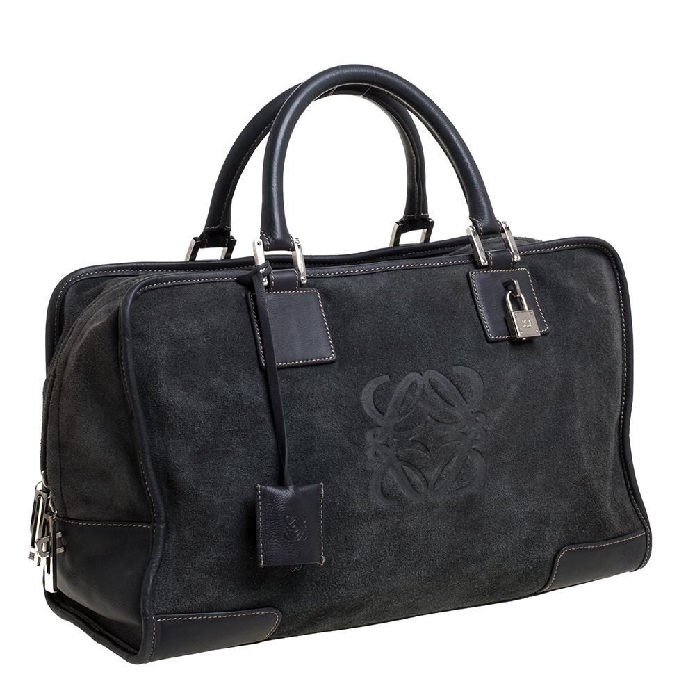 Black Loewe Grey Suede and Leather Amazona Medium Boston Bag