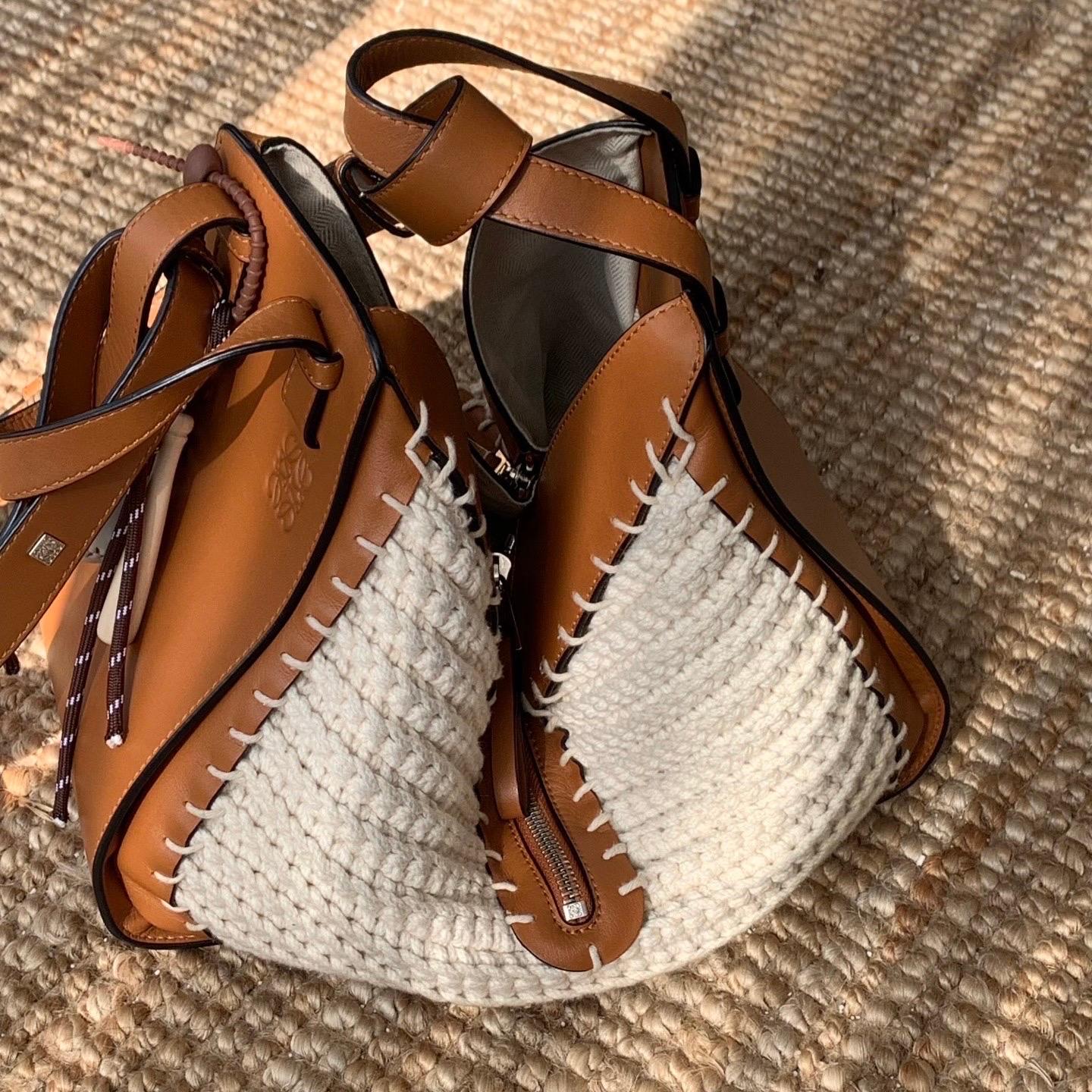 Loewe Hammock Small Brown Leather Raffia Top Handle Crossbody Bag For Sale